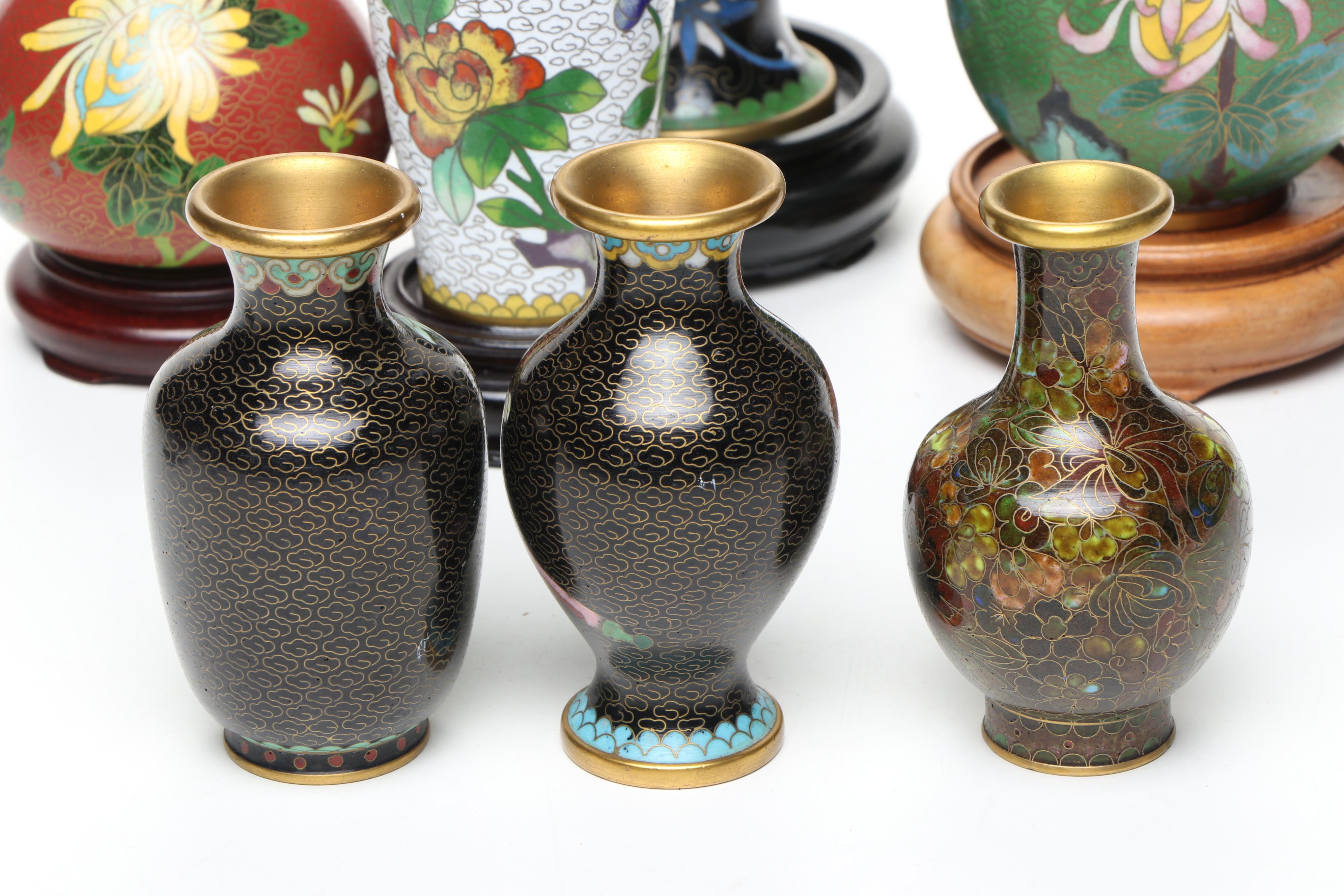 Chinese Cloisonné Enamel Vases, Covered Bowl, Ashtray and Figurine