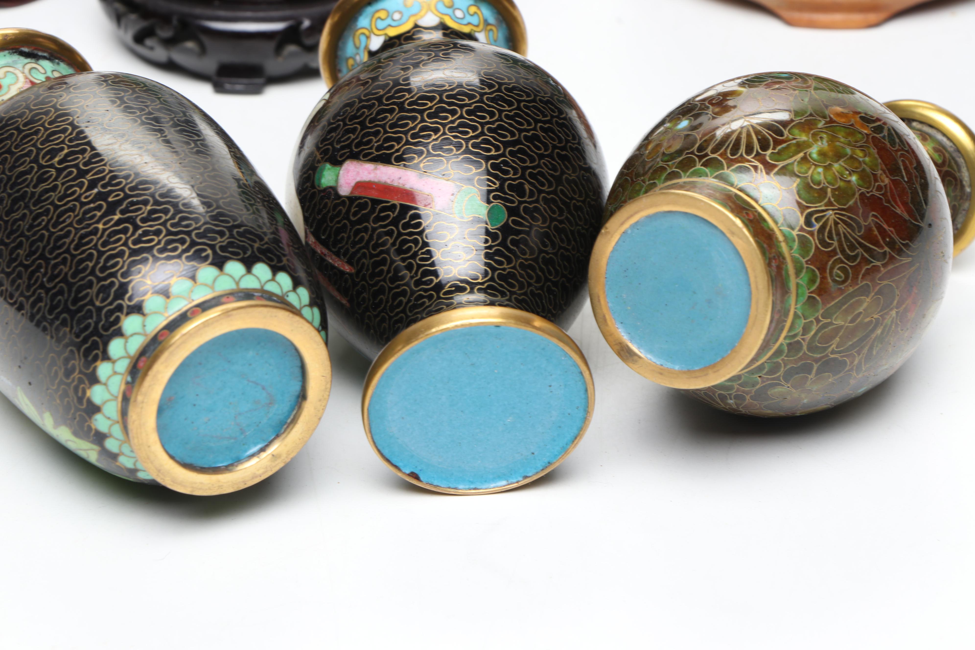 Chinese Cloisonné Enamel Vases, Covered Bowl, Ashtray and Figurine