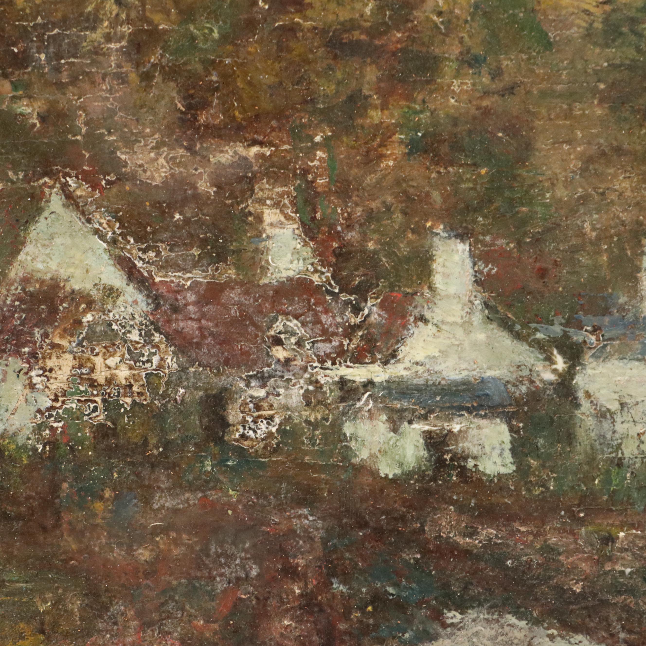 Impressionistic Pastoral Village Oil Painting, Early 20th Century