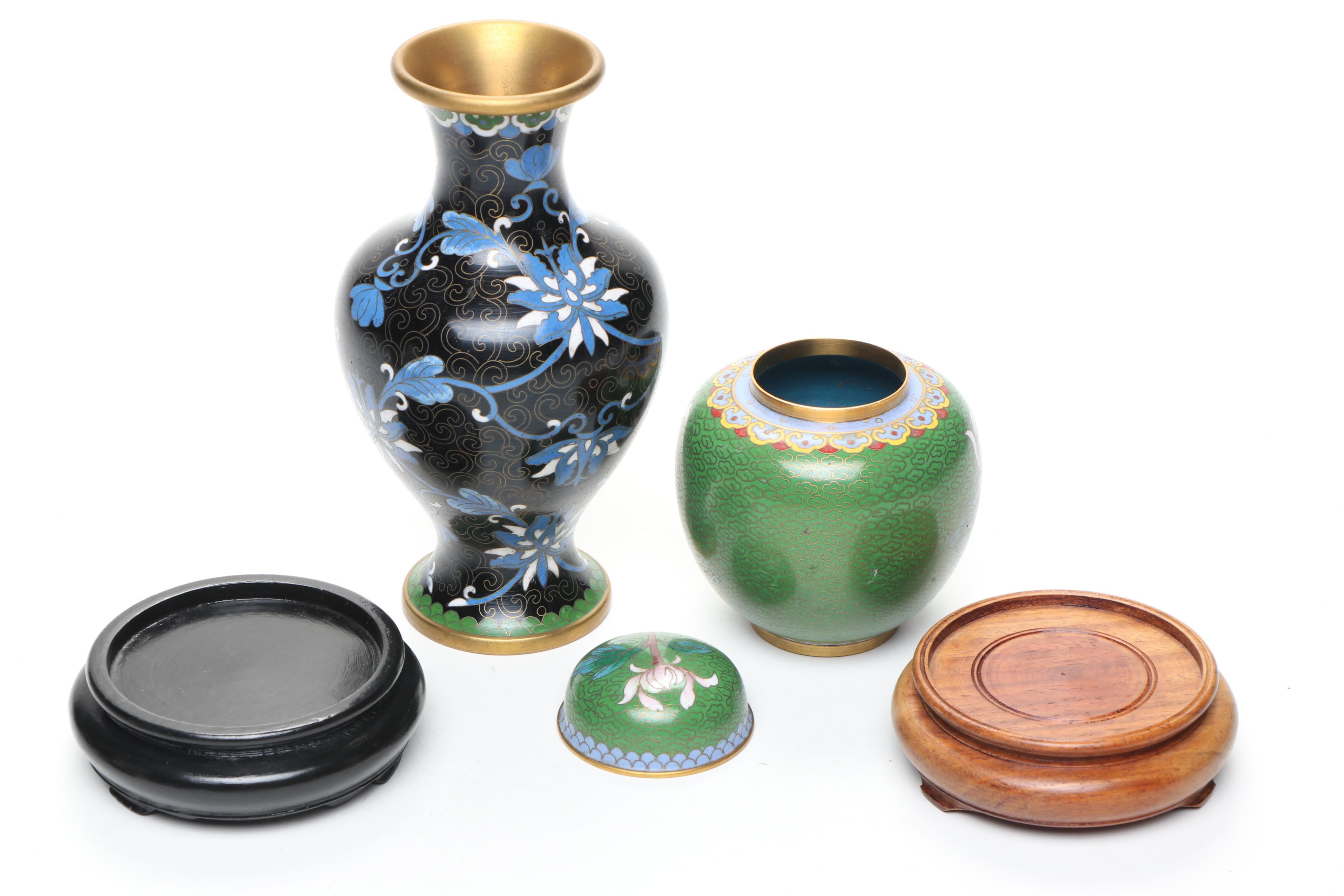 Chinese Cloisonné Enamel Vases, Covered Bowl, Ashtray and Figurine