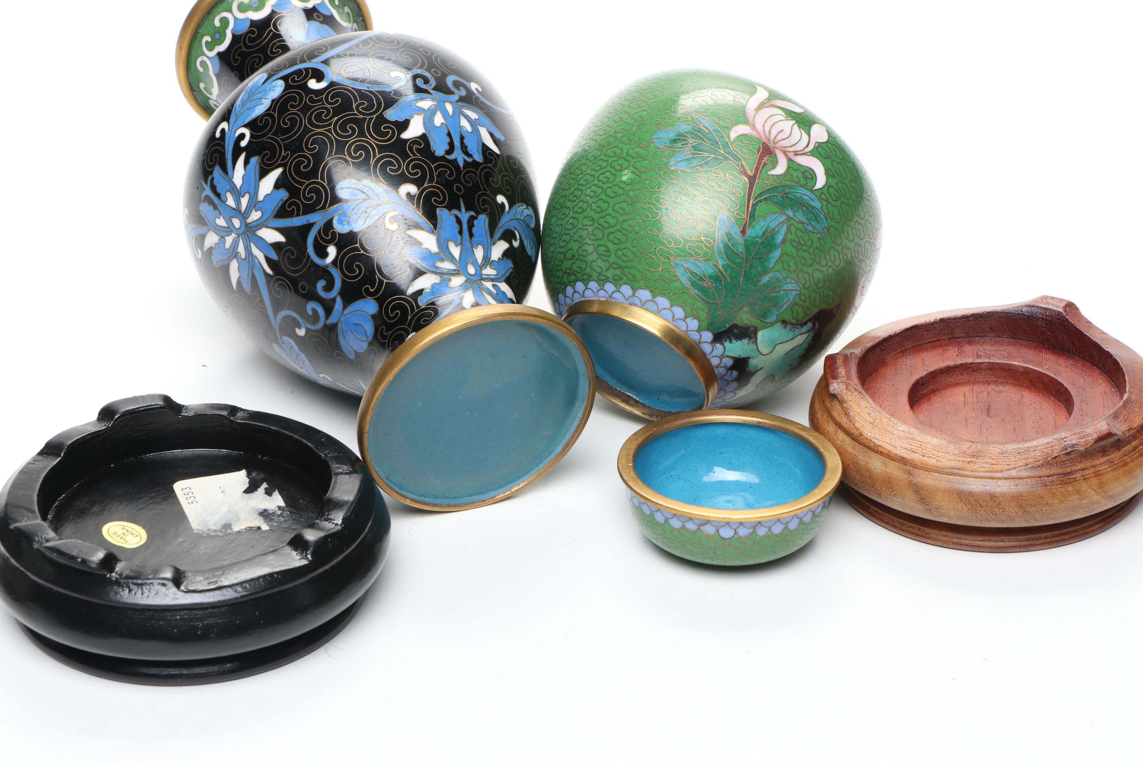 Chinese Cloisonné Enamel Vases, Covered Bowl, Ashtray and Figurine