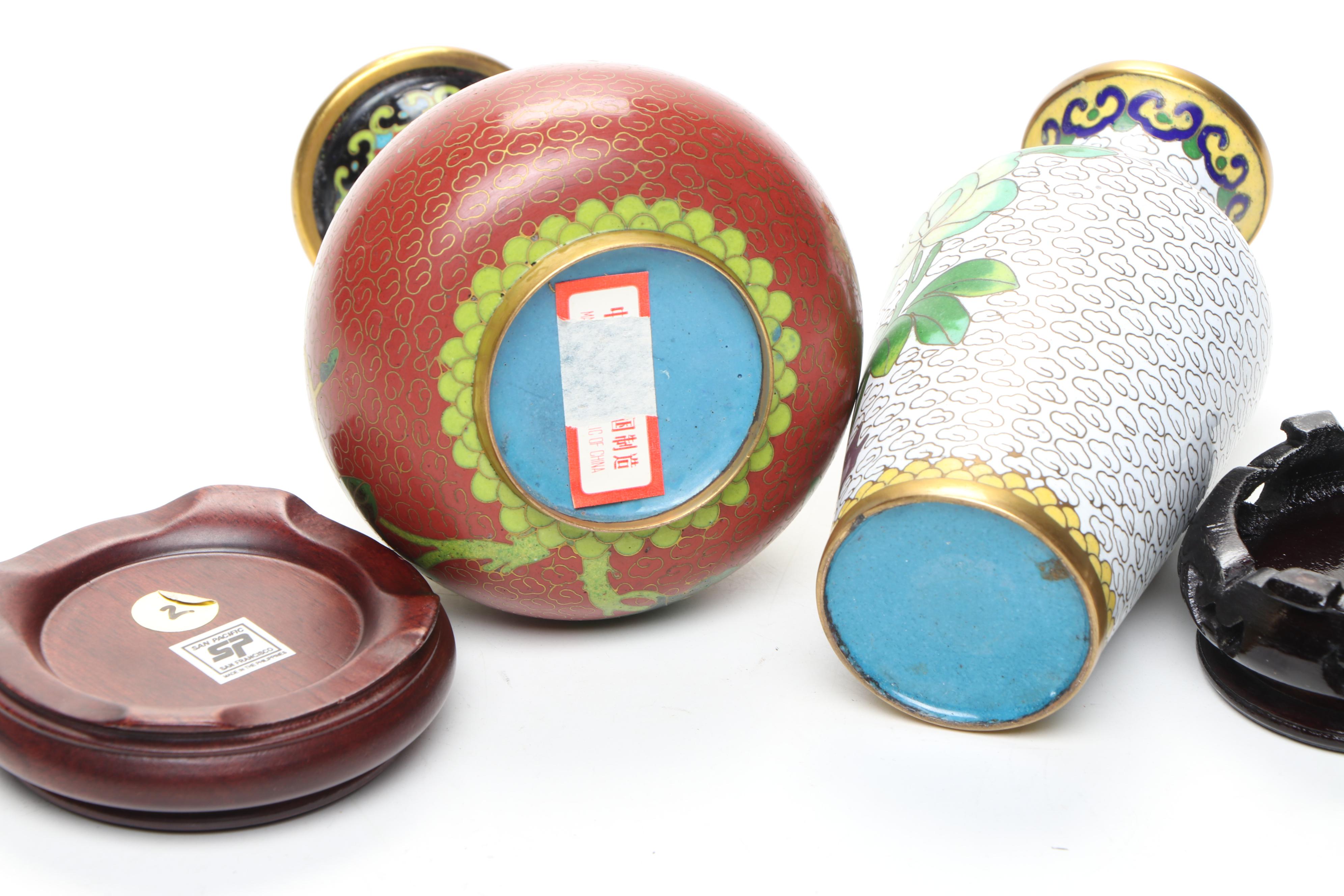 Chinese Cloisonné Enamel Vases, Covered Bowl, Ashtray and Figurine