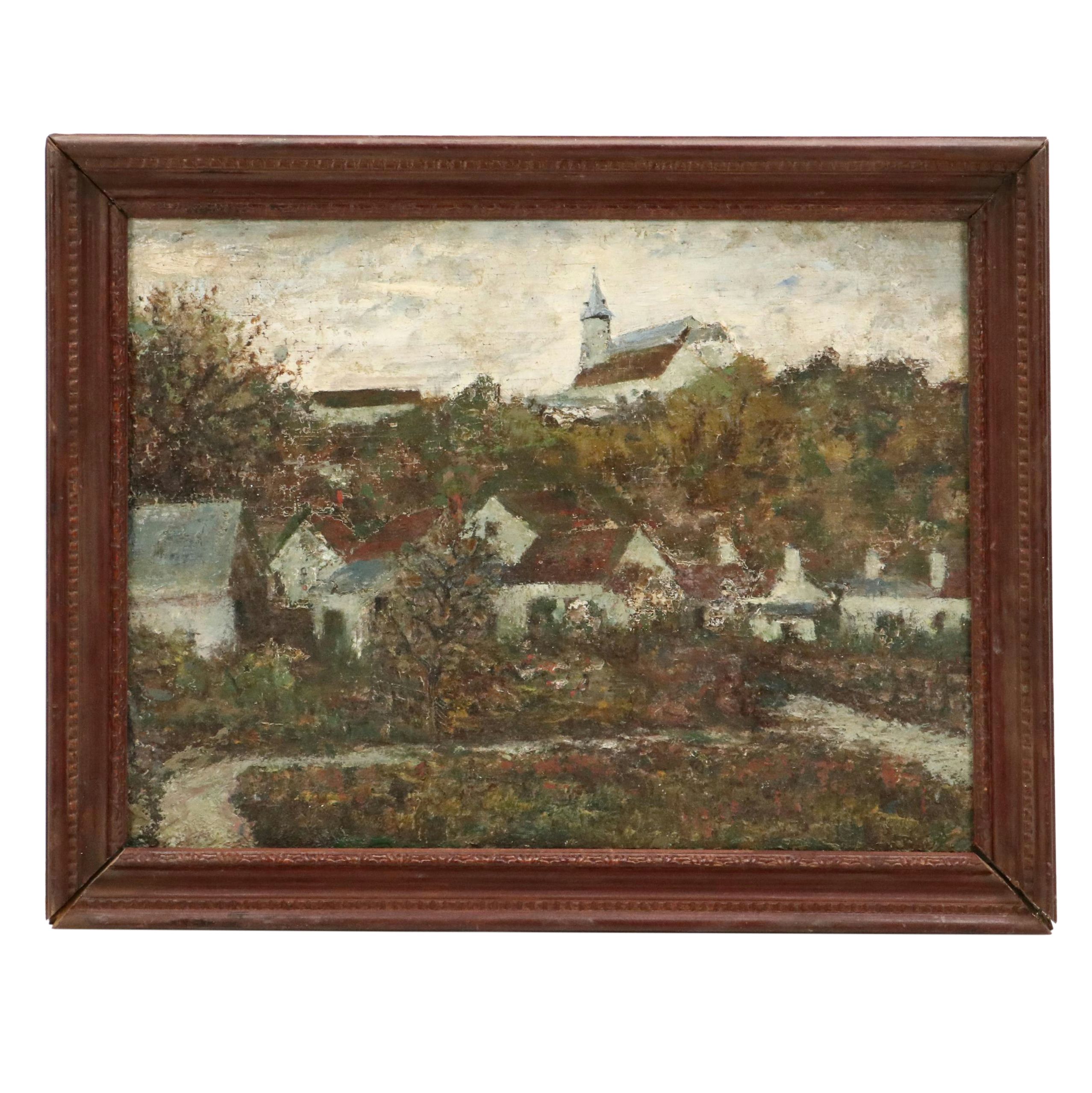 Impressionistic Pastoral Village Oil Painting, Early 20th Century