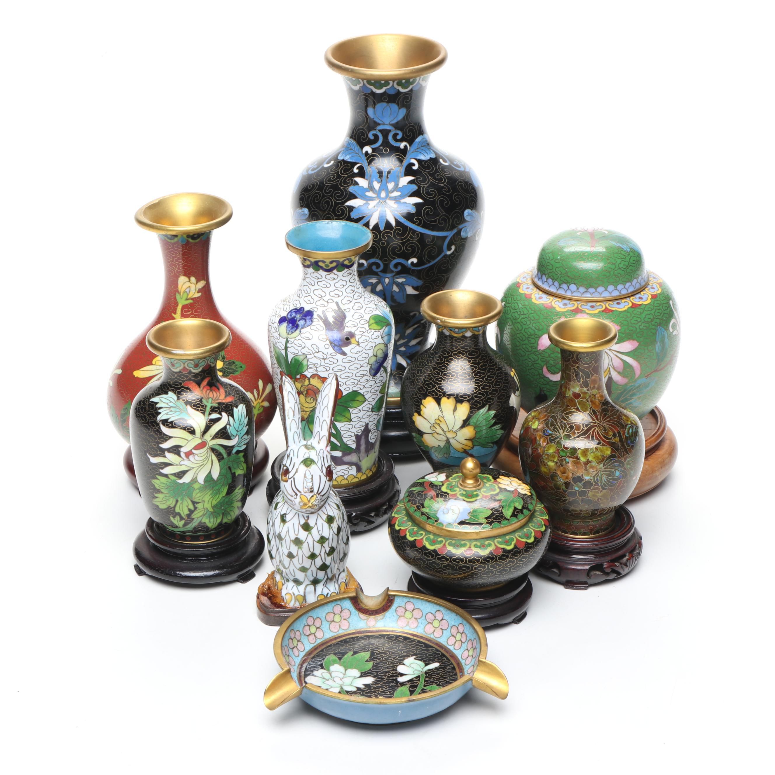 Chinese Cloisonné Enamel Vases, Covered Bowl, Ashtray and Figurine