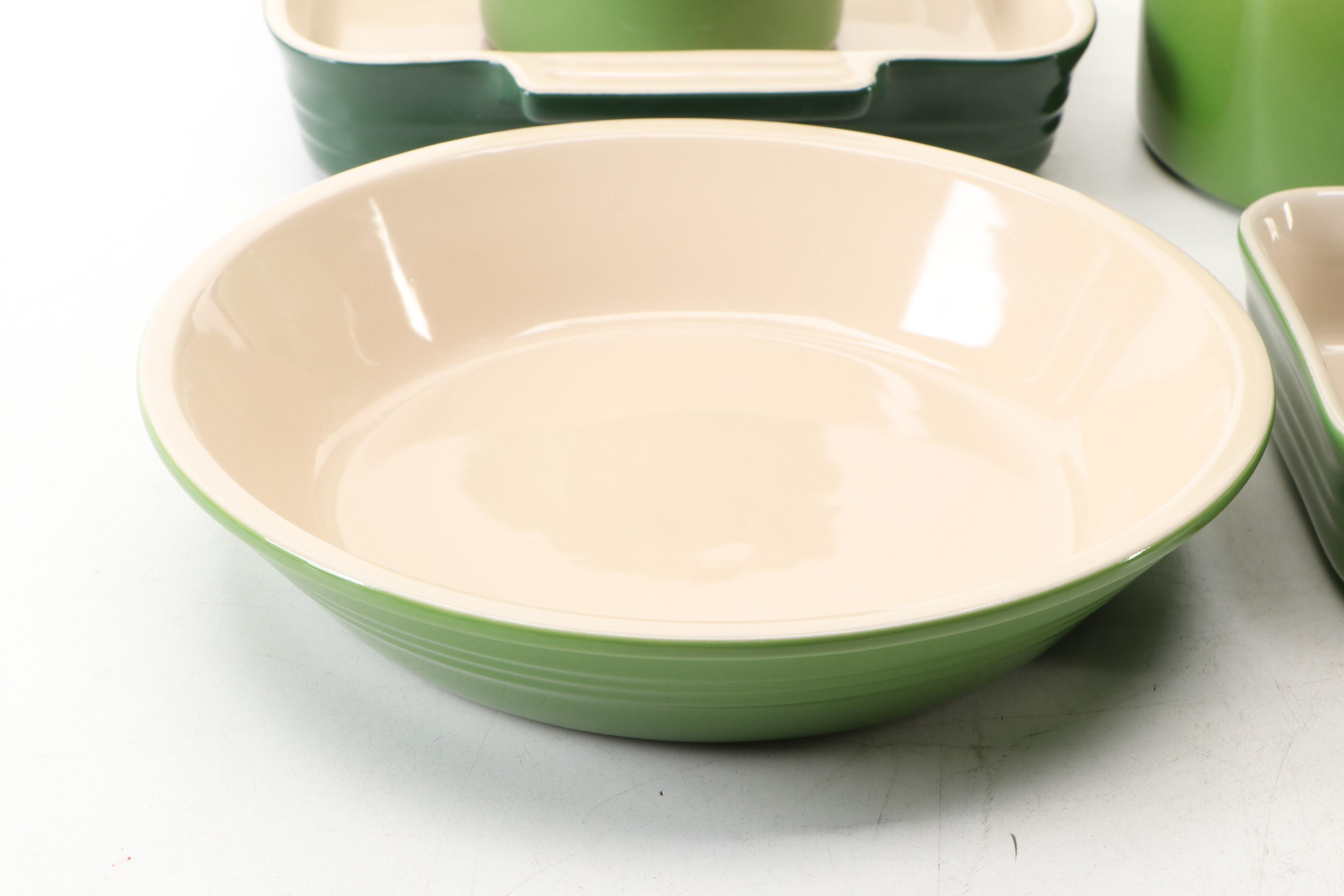 Le Creuset Green Stoneware Casserole Dish with Utensil Crocks and Cookware