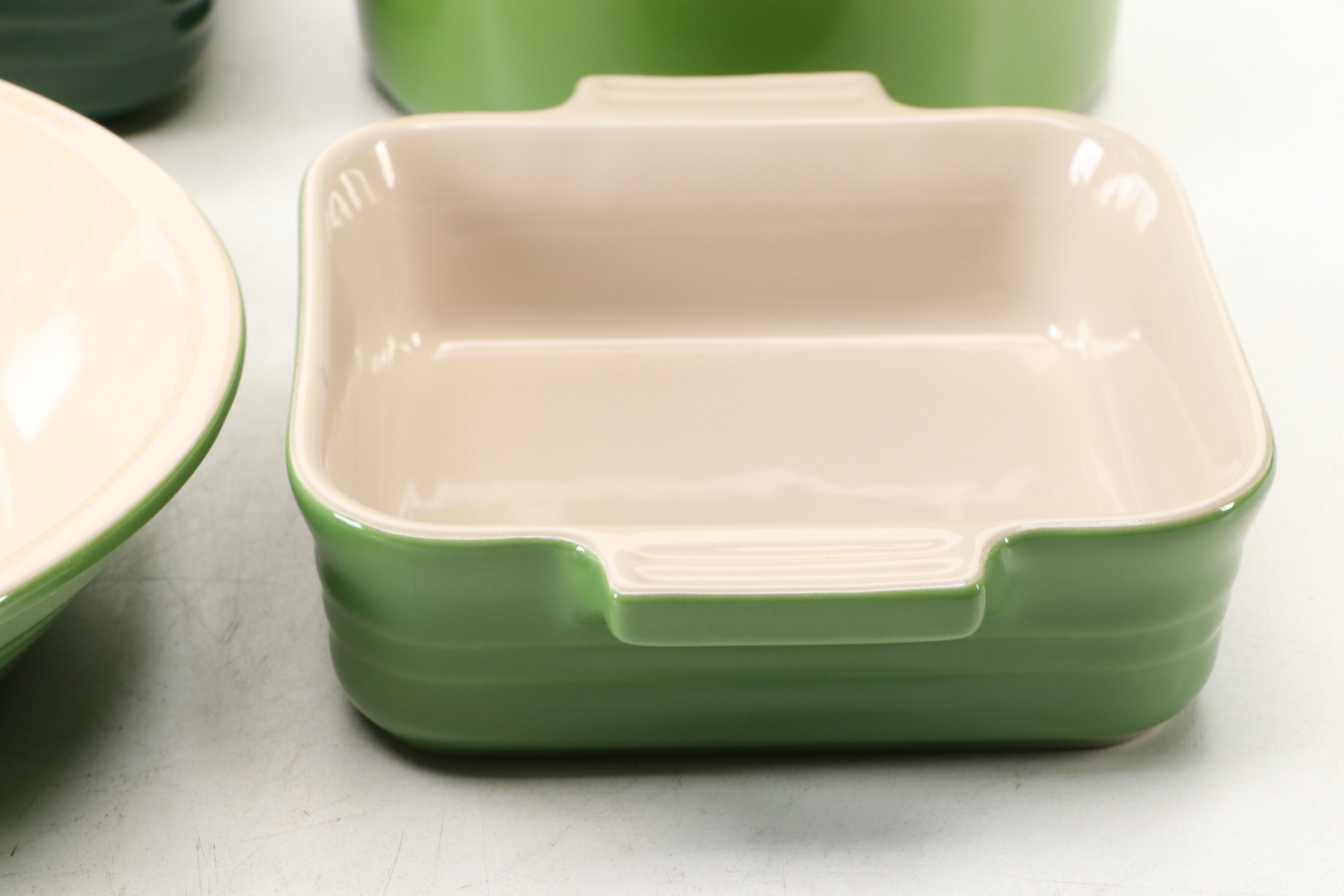 Le Creuset Green Stoneware Casserole Dish with Utensil Crocks and Cookware