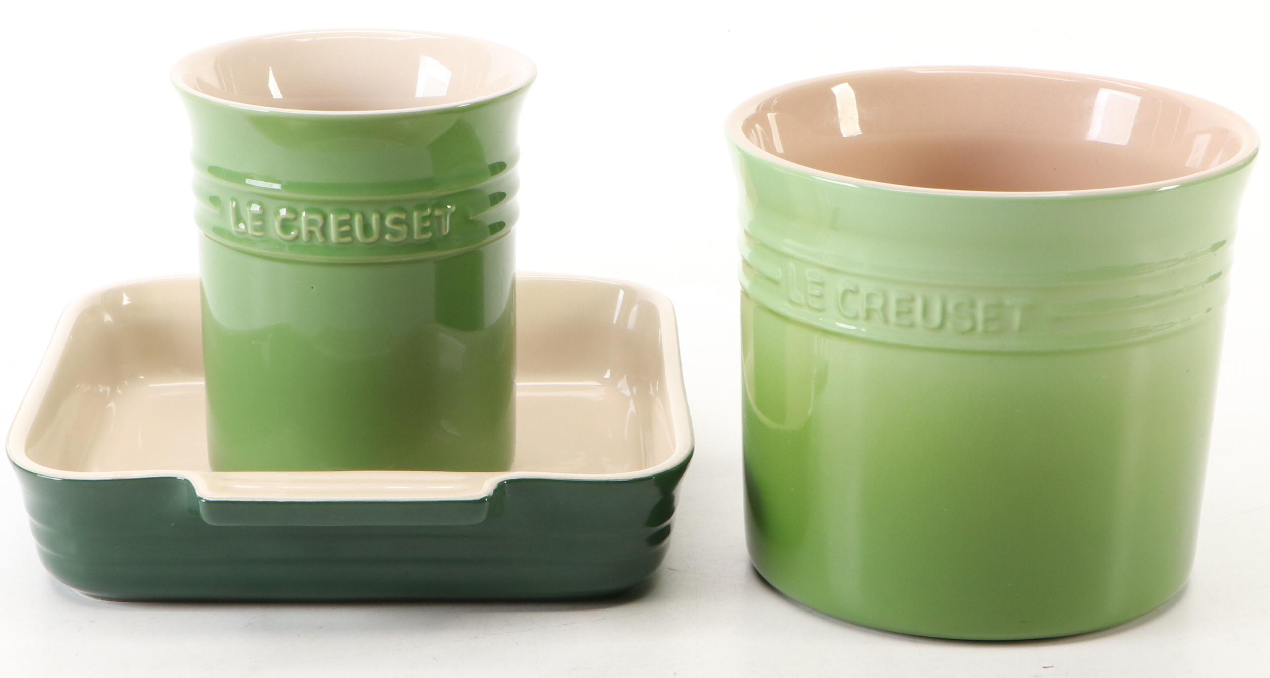 Le Creuset Green Stoneware Casserole Dish with Utensil Crocks and Cookware