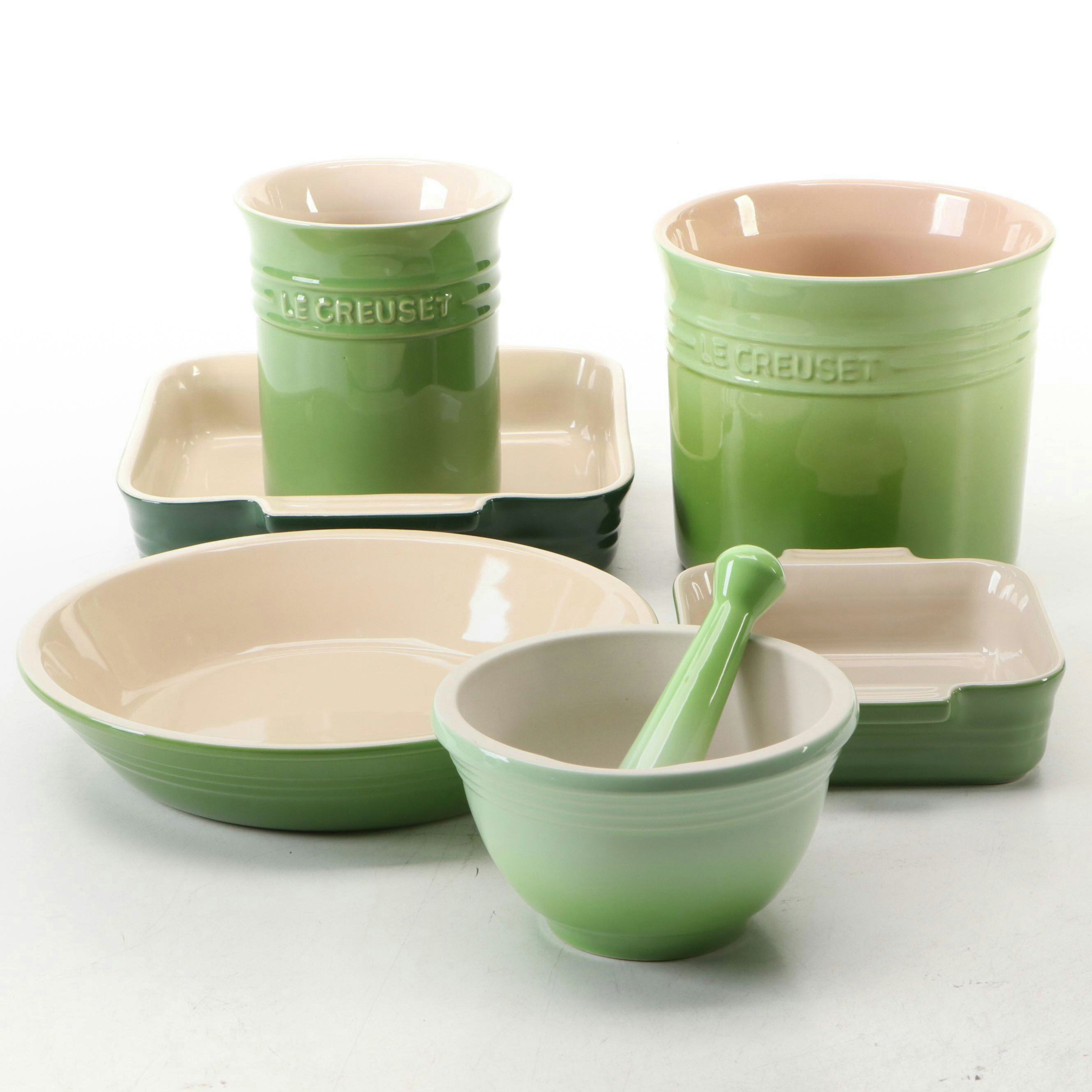 Le Creuset Green Stoneware Casserole Dish with Utensil Crocks and Cookware
