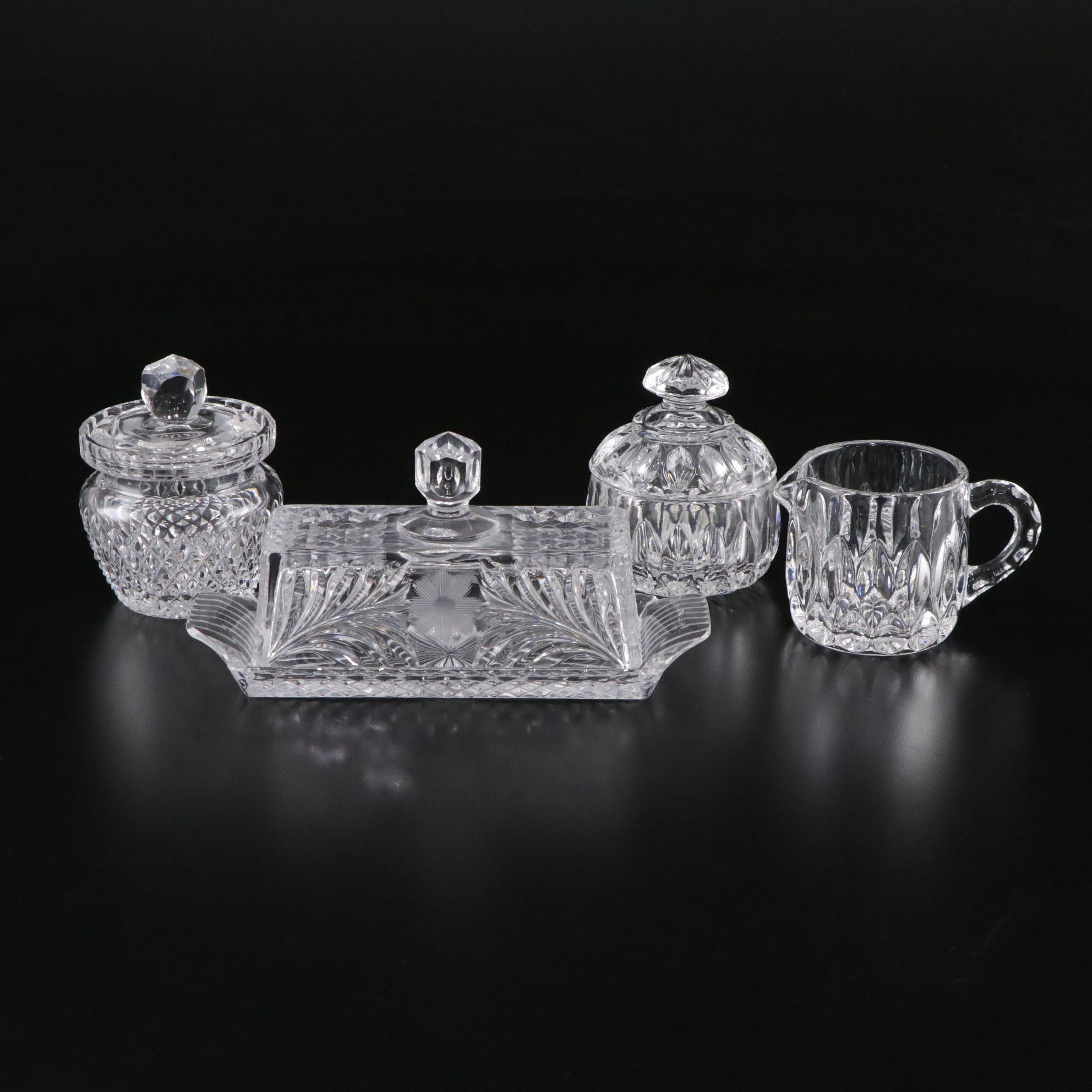 Cut Crystal Butter Dish, Jelly Jar, Creamer and Sugar