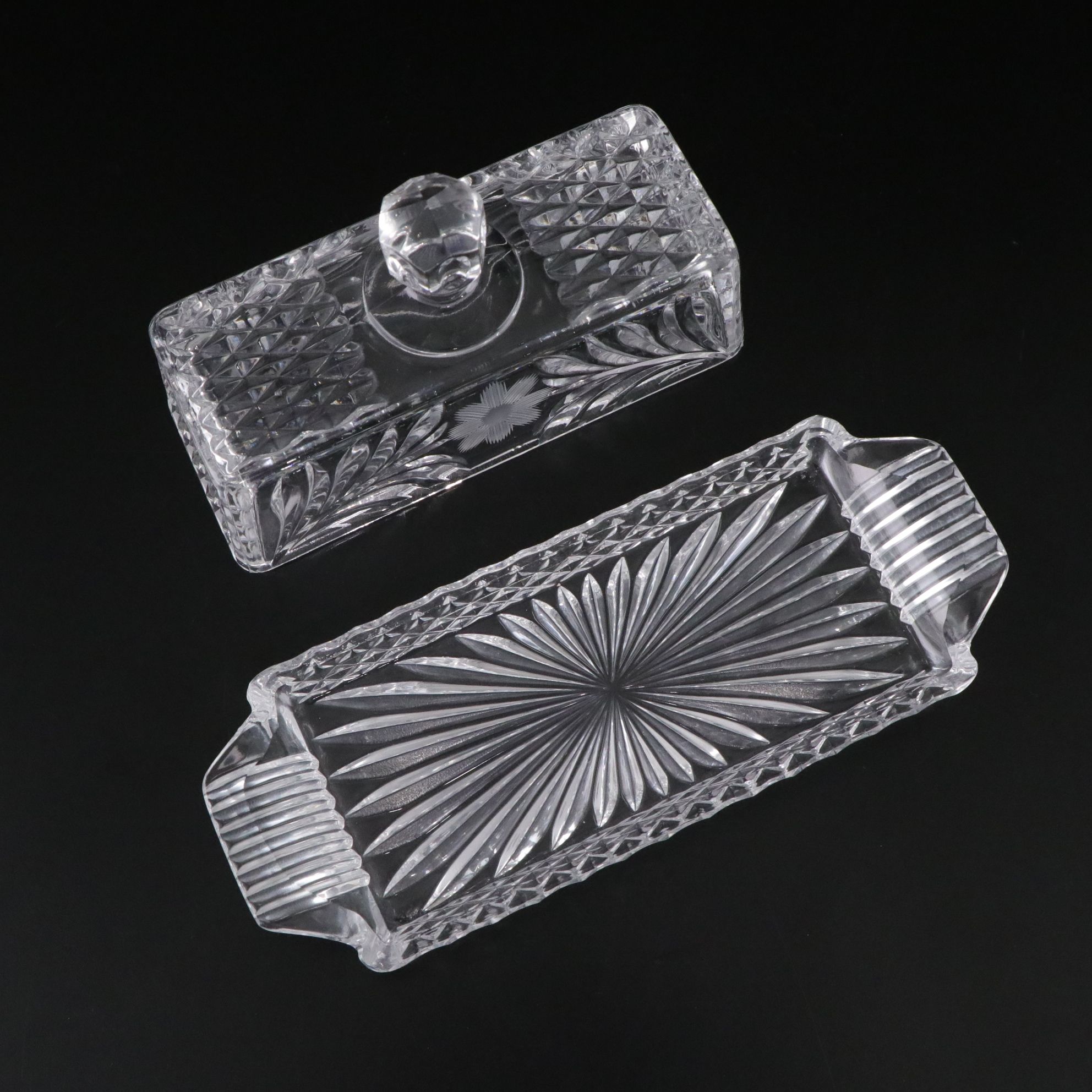 Cut Crystal Butter Dish, Jelly Jar, Creamer and Sugar