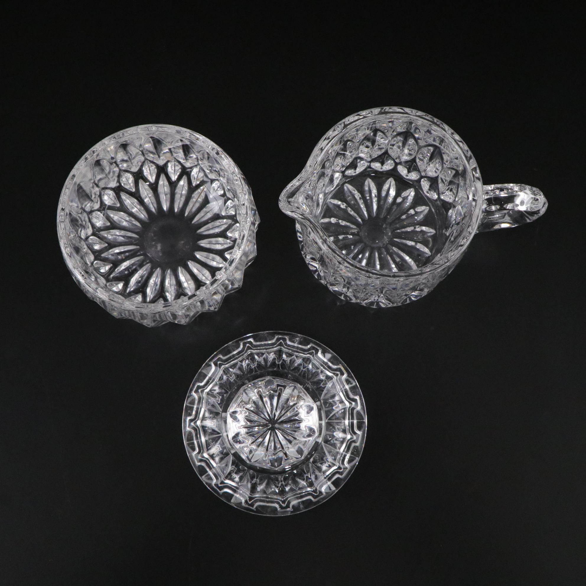 Cut Crystal Butter Dish, Jelly Jar, Creamer and Sugar