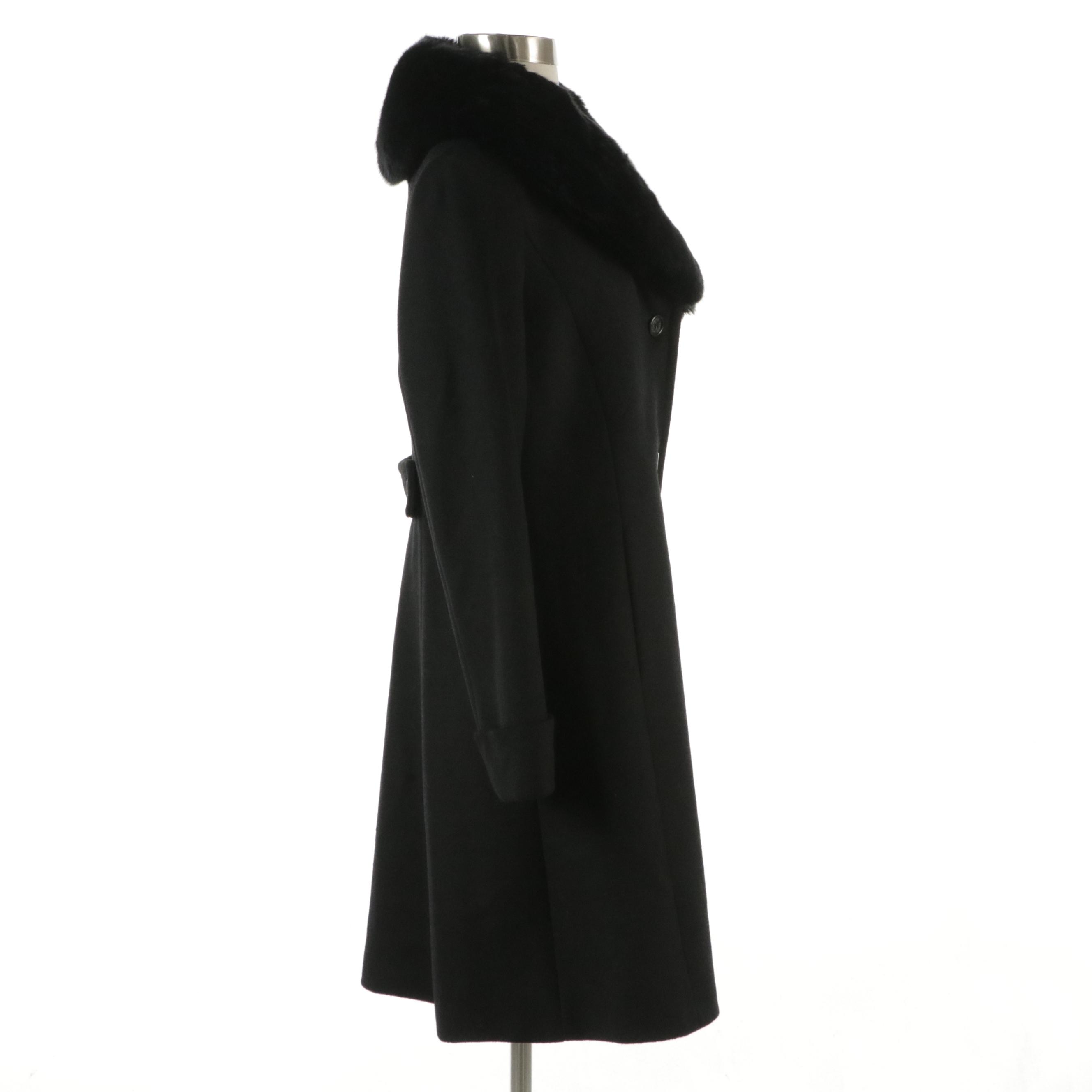 Lauren Ralph Lauren Black Wool Fit and Flare Coat with Faux Fur Collar