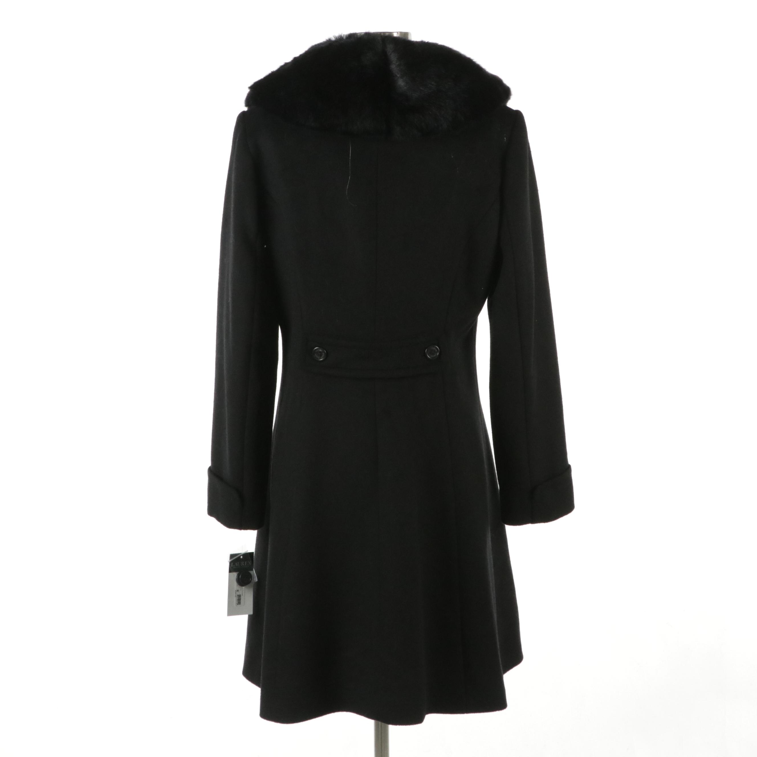 Lauren Ralph Lauren Black Wool Fit and Flare Coat with Faux Fur Collar