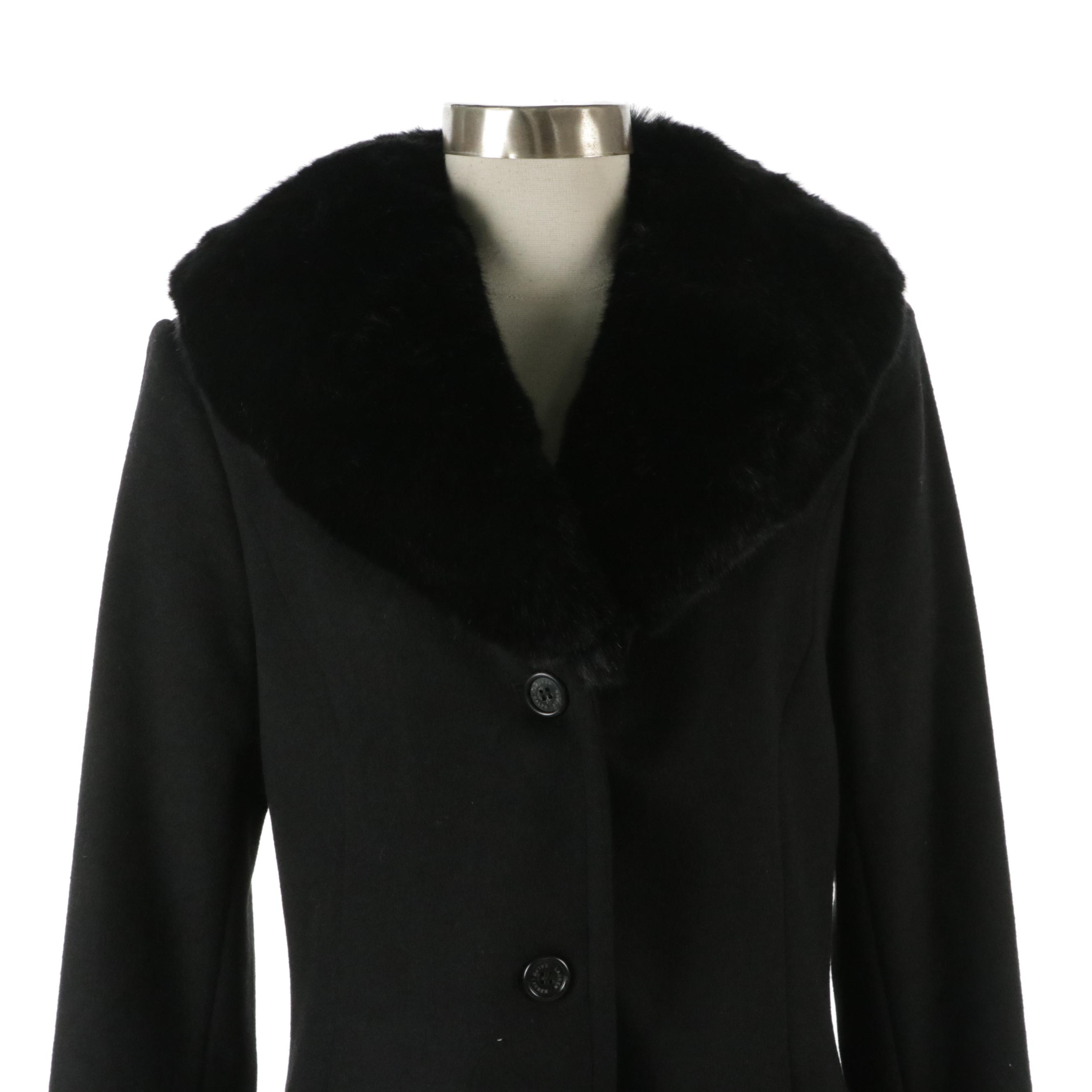 Lauren Ralph Lauren Black Wool Fit and Flare Coat with Faux Fur Collar