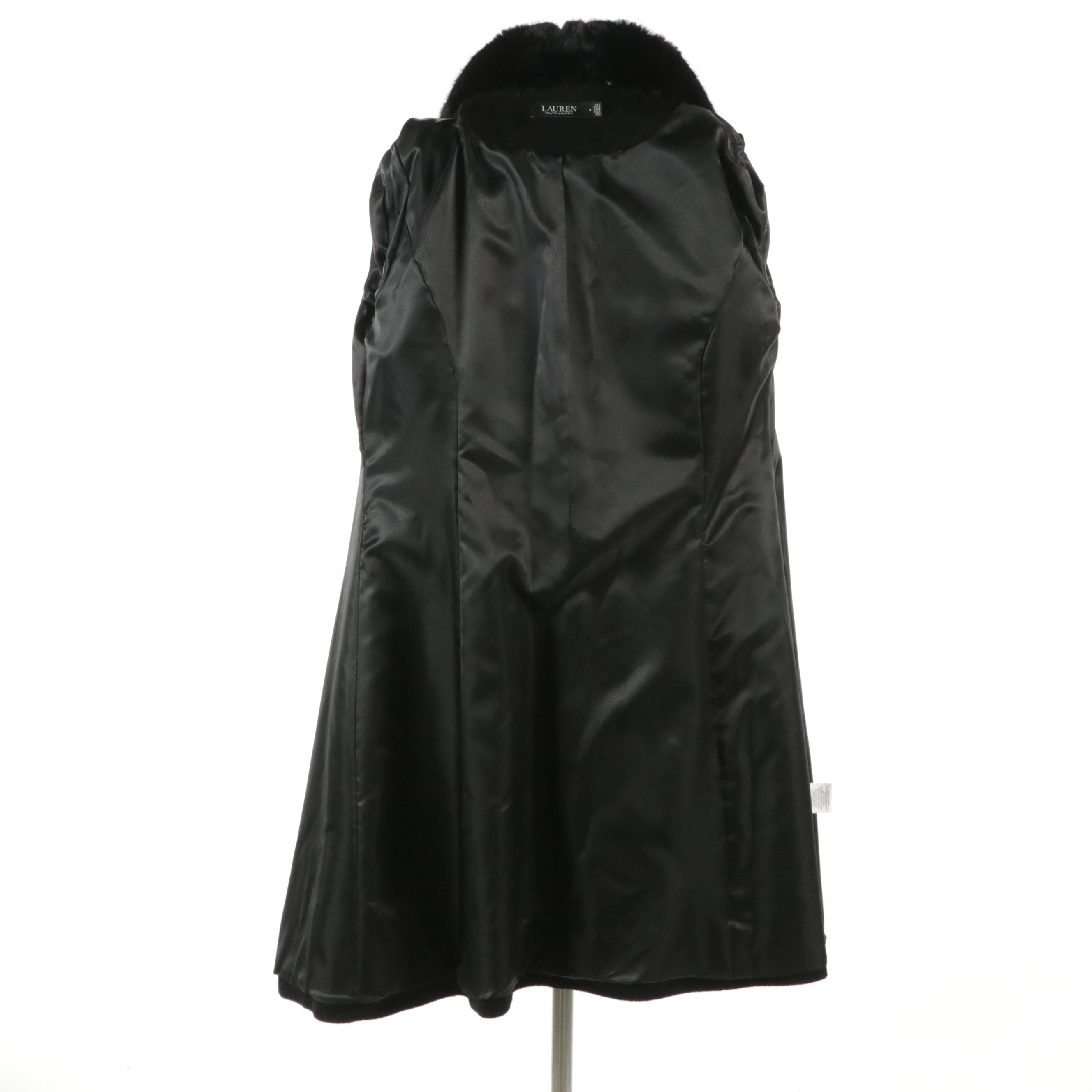 Lauren Ralph Lauren Black Wool Fit and Flare Coat with Faux Fur Collar