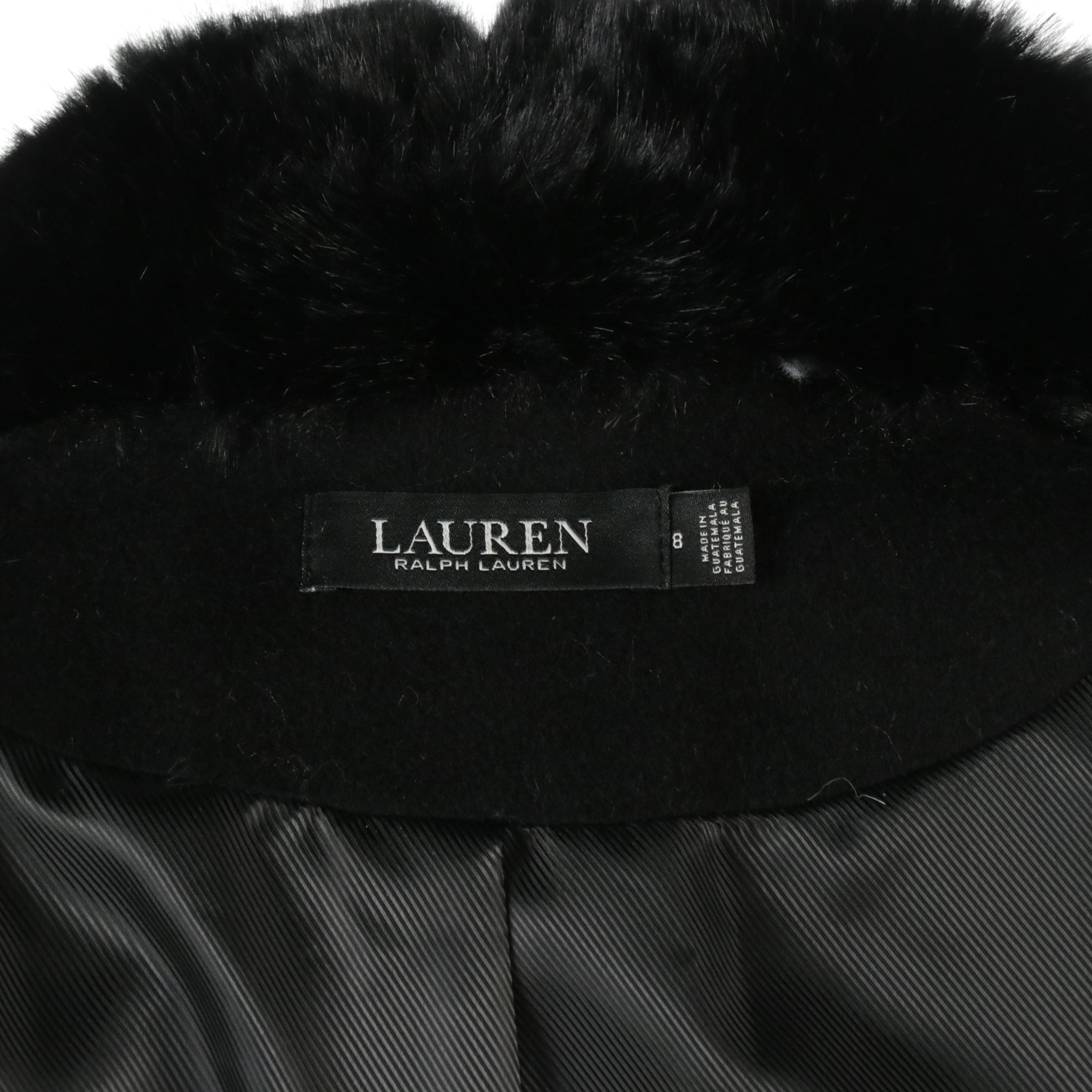 Lauren Ralph Lauren Black Wool Fit and Flare Coat with Faux Fur Collar
