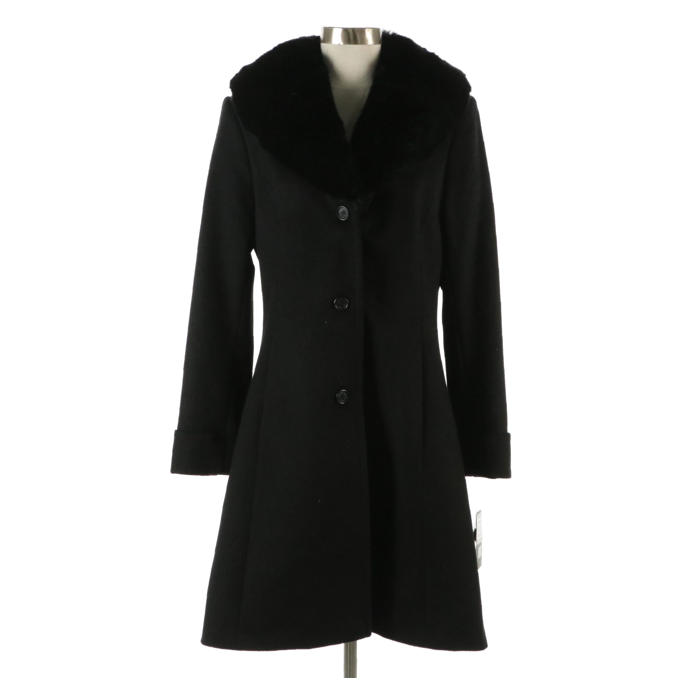 Lauren Ralph Lauren Black Wool Fit and Flare Coat with Faux Fur Collar