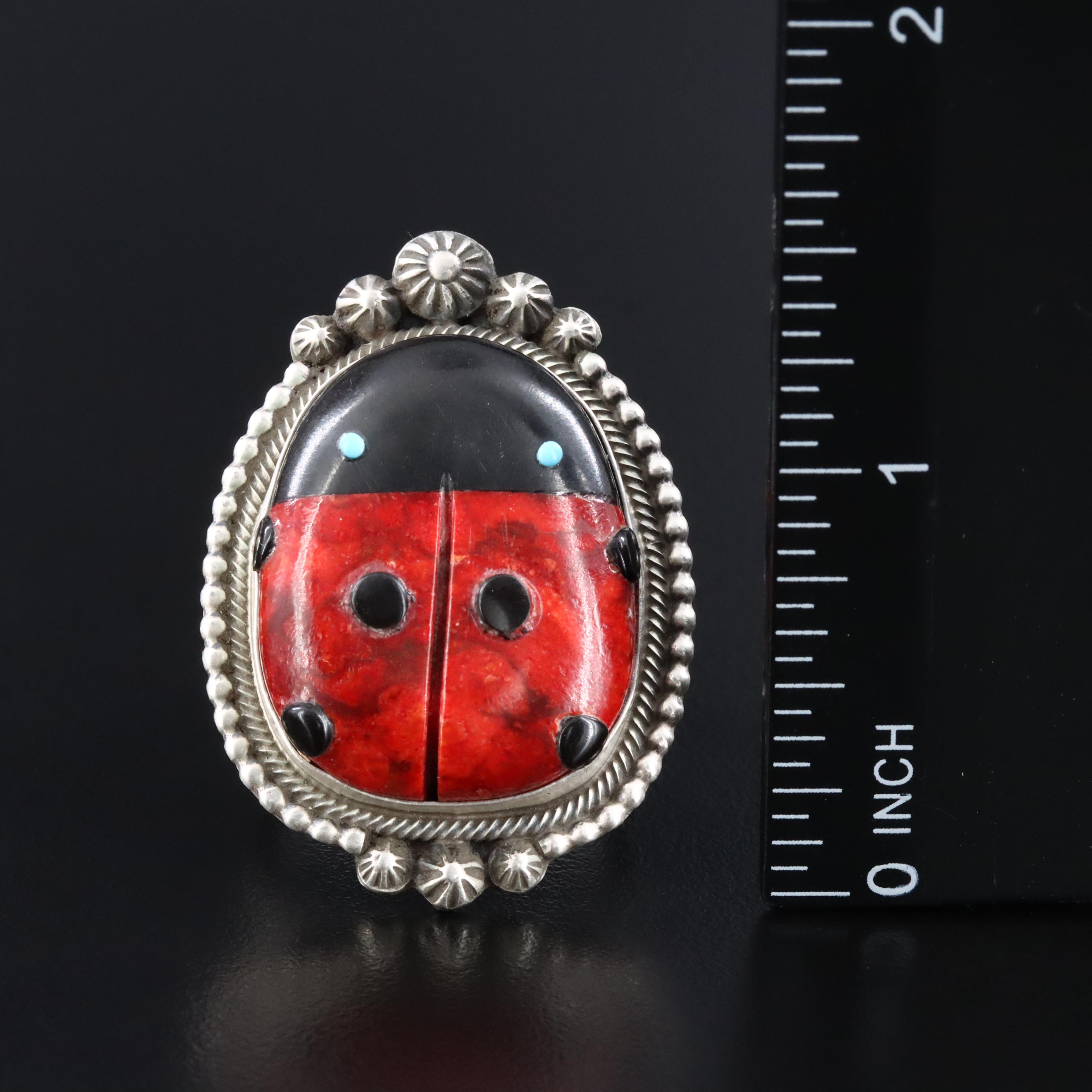 Southwestern Sterling Coral, Black Onyx and Turquoise Ladybug Ring