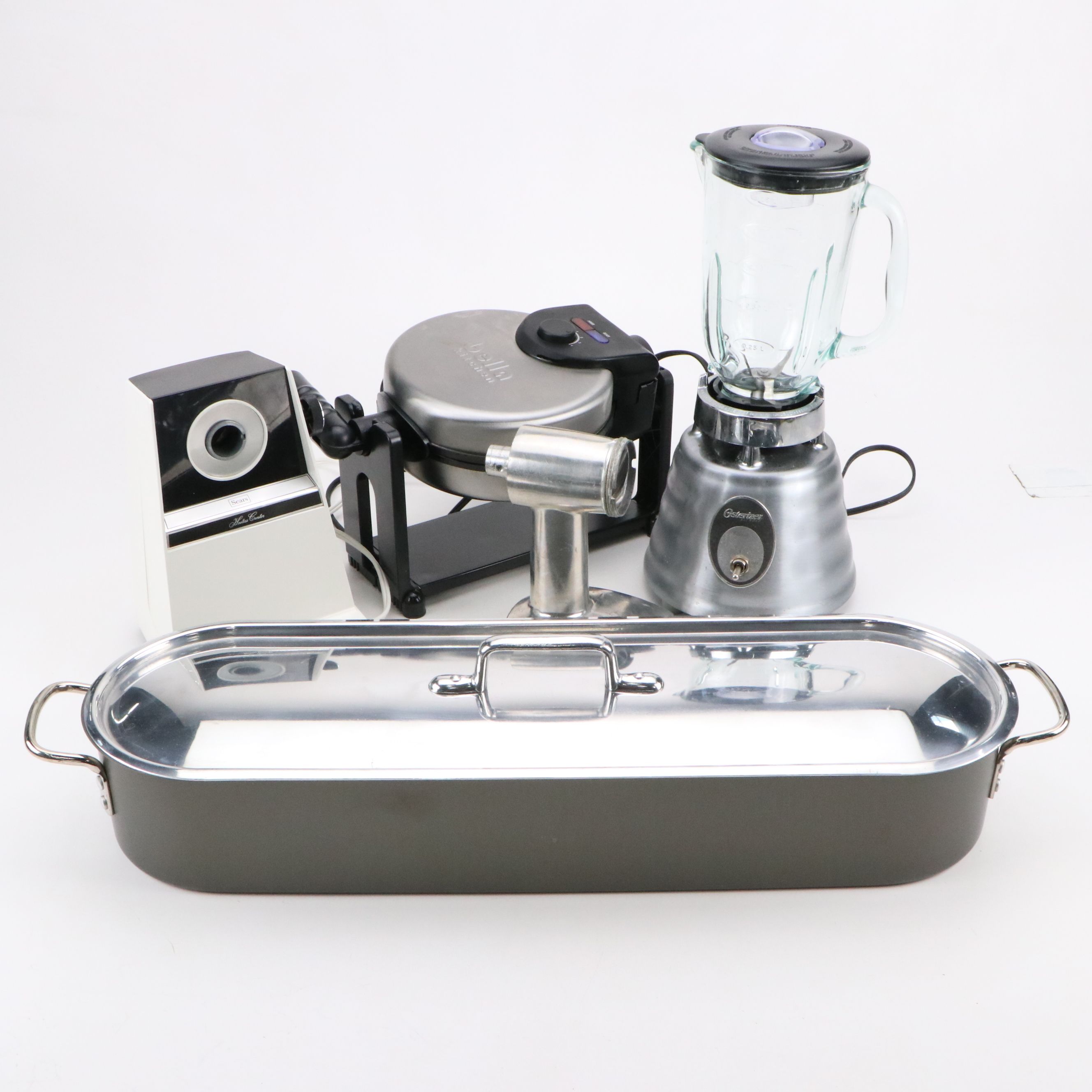 Vintage Sears Electric Meat Grinder with Oster Blender and Other Cookware