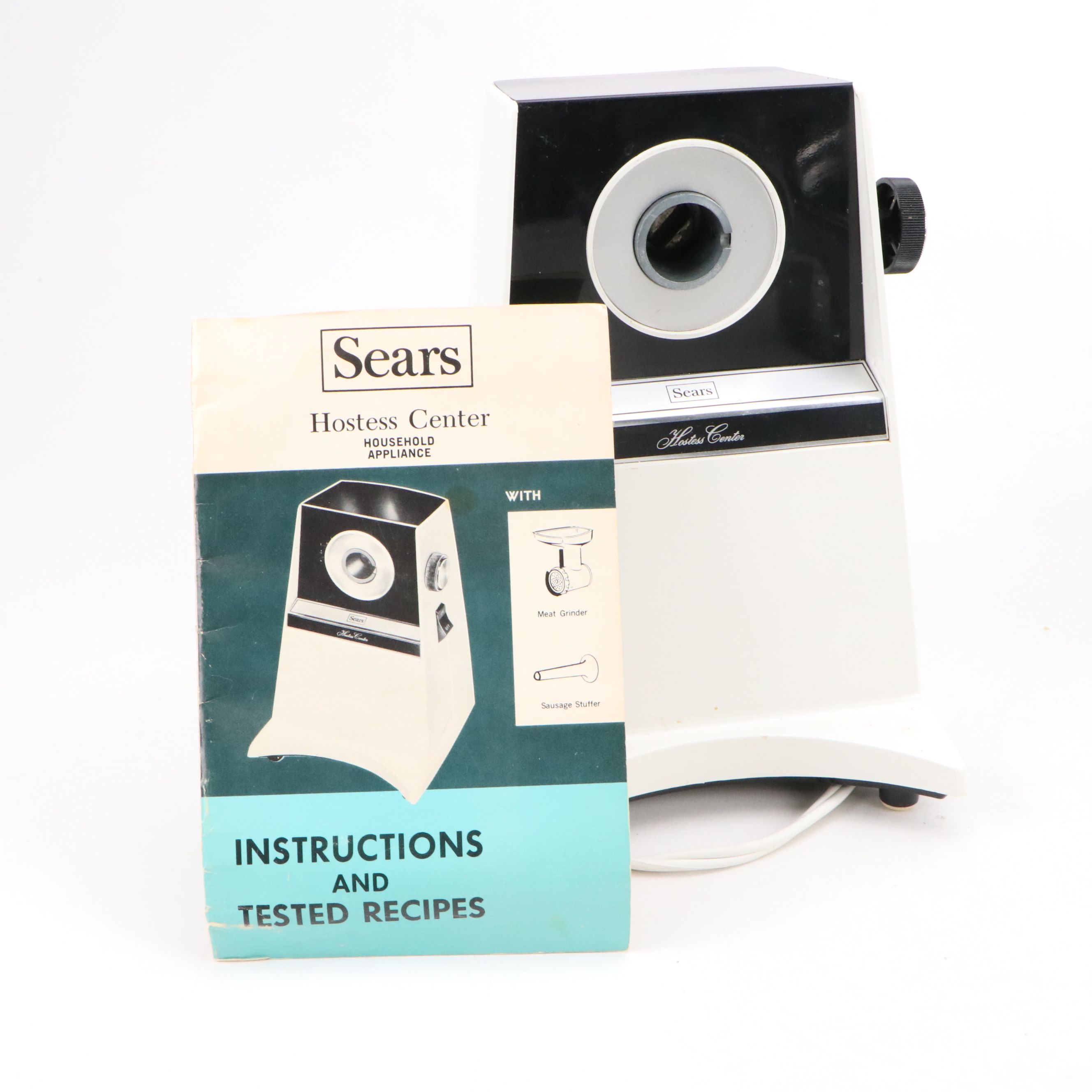 Vintage Sears Electric Meat Grinder with Oster Blender and Other Cookware