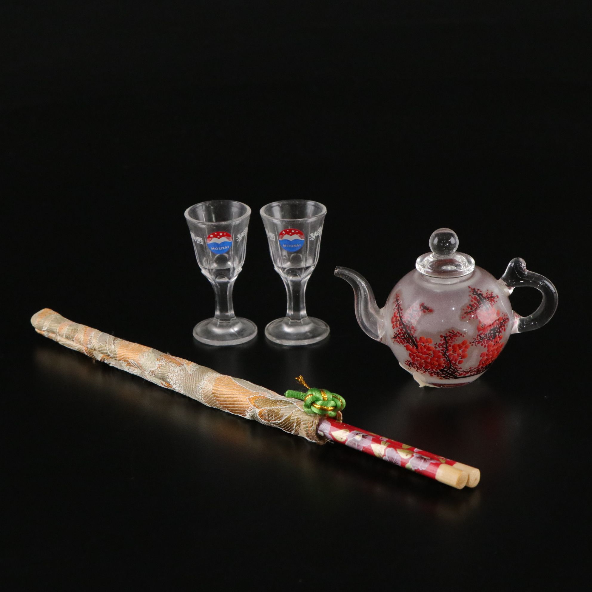 Reverse Painted Glass Mini Teapot, Kweichow Moutai Baiju Shot Glass & Chopsticks