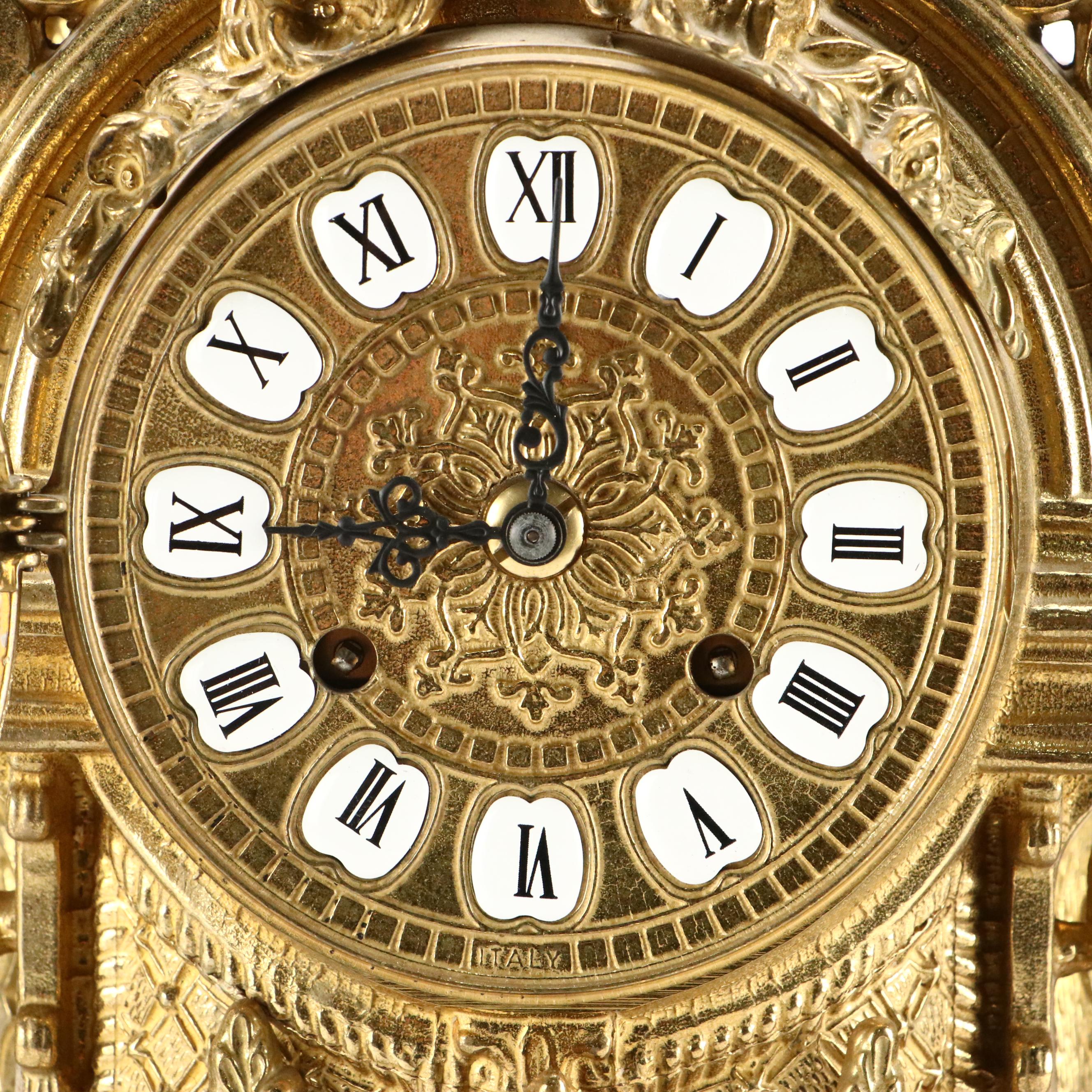 Franz Hermle Louis XIV Style Gilt Mantel Clock and Candelabra Garniture Set