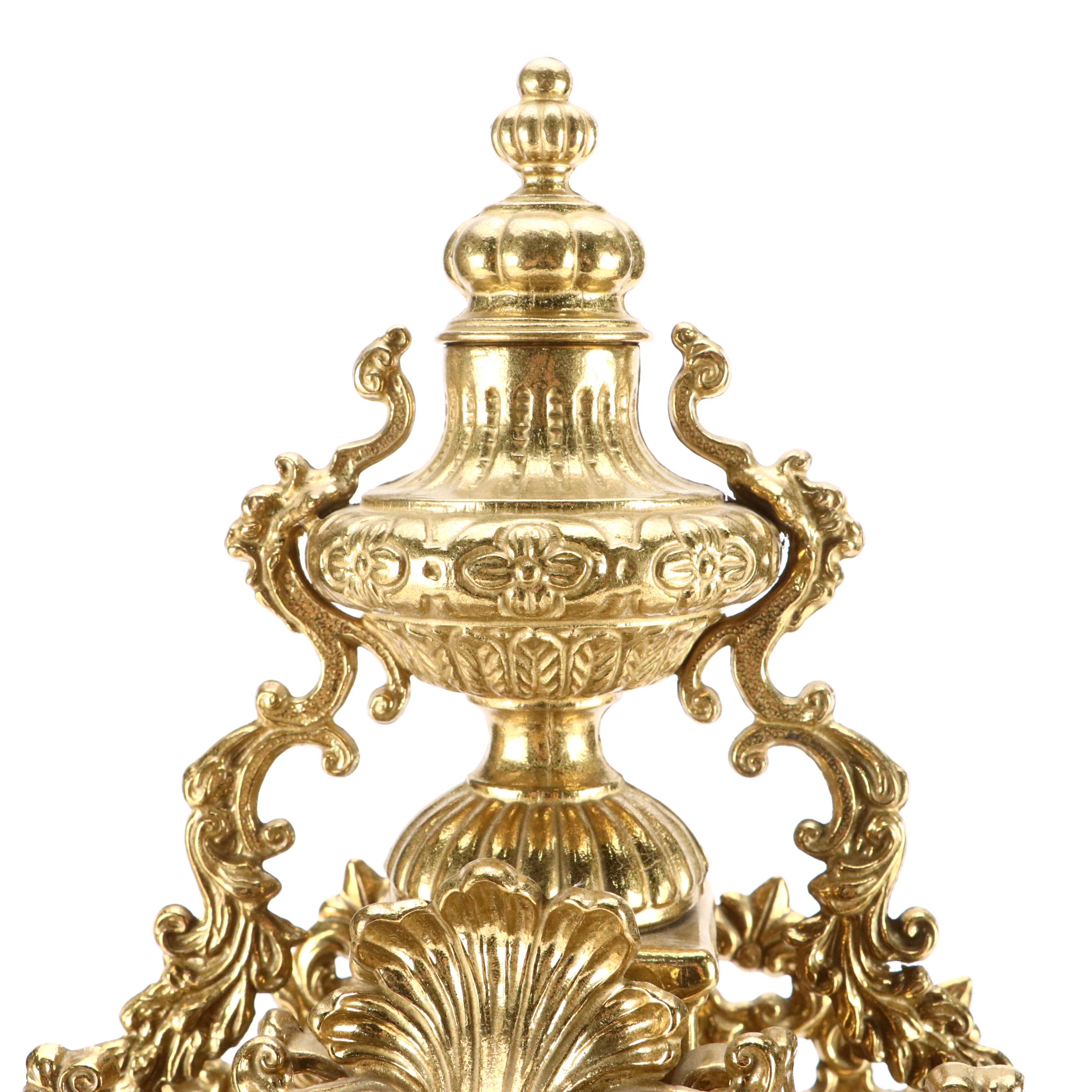 Franz Hermle Louis XIV Style Gilt Mantel Clock and Candelabra Garniture Set