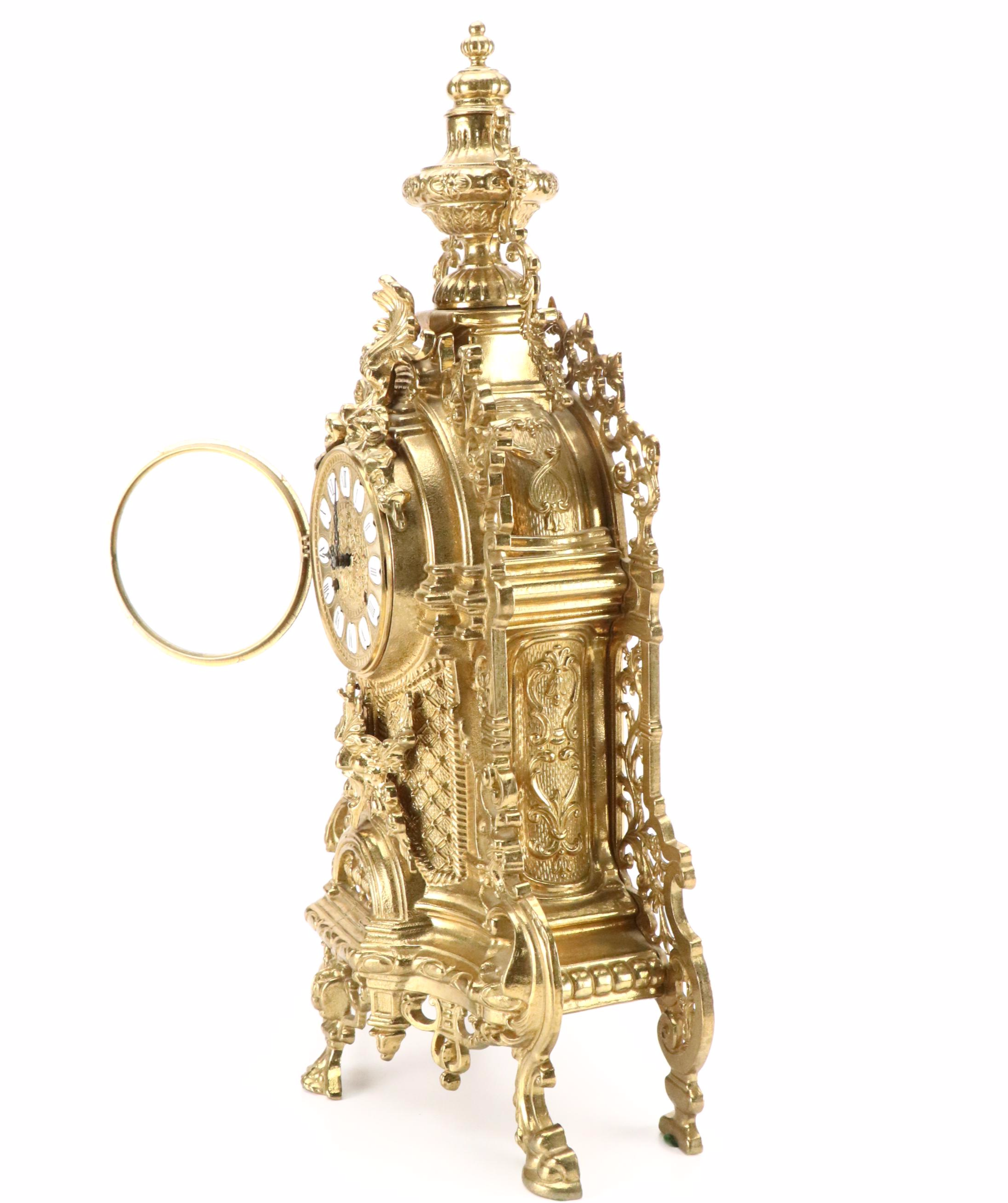 Franz Hermle Louis XIV Style Gilt Mantel Clock and Candelabra Garniture Set