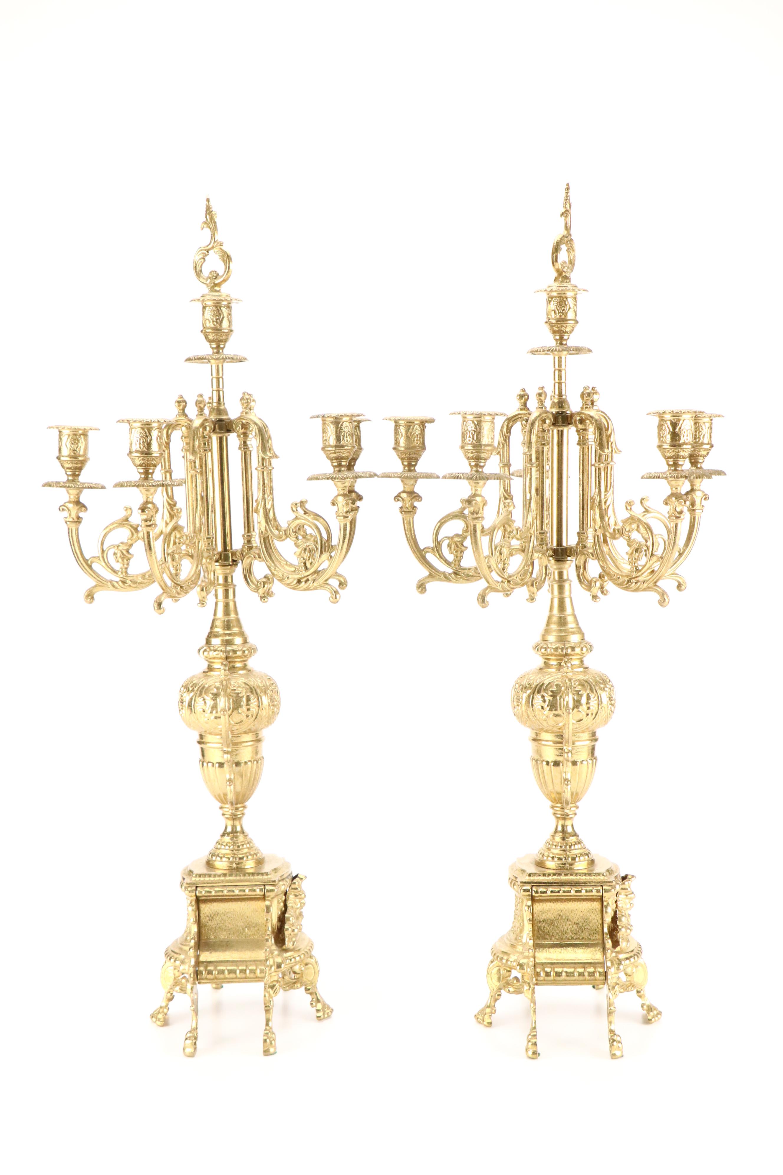 Franz Hermle Louis XIV Style Gilt Mantel Clock and Candelabra Garniture Set