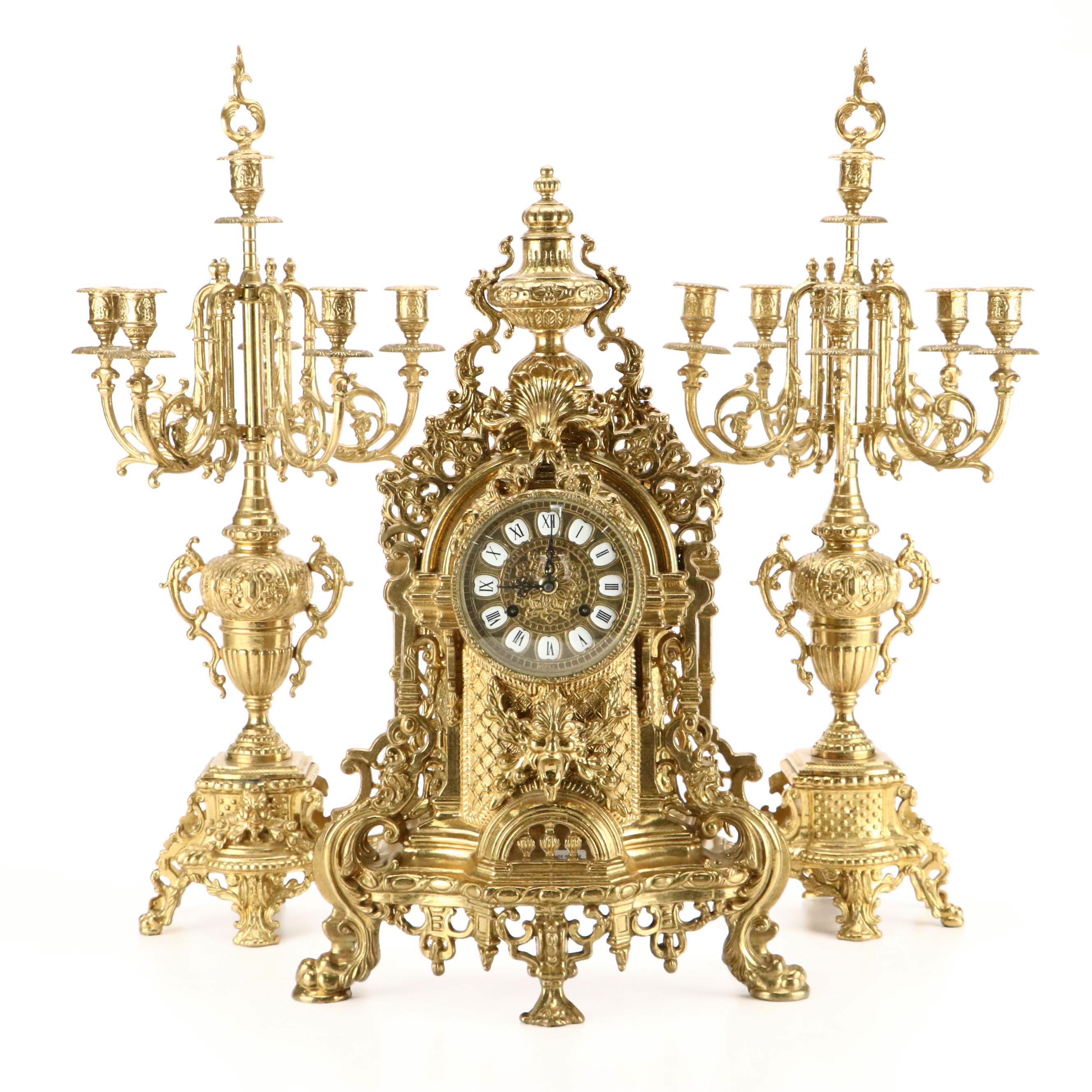 Franz Hermle Louis XIV Style Gilt Mantel Clock and Candelabra Garniture Set
