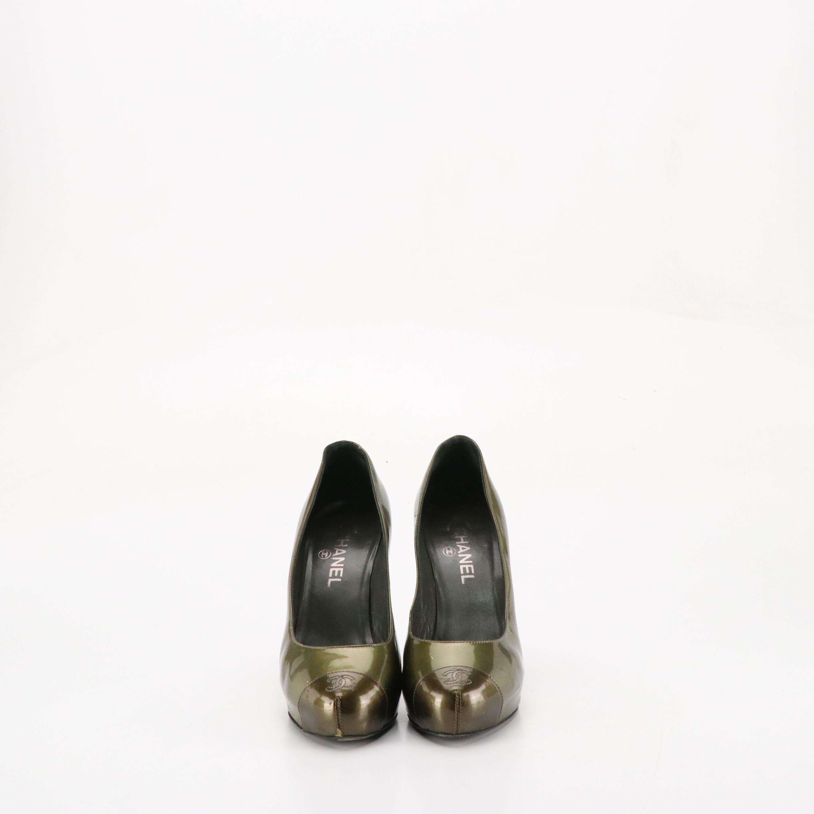 Chanel CC-Stitched Cap Toe Pumps in Olive Green Patent Leather