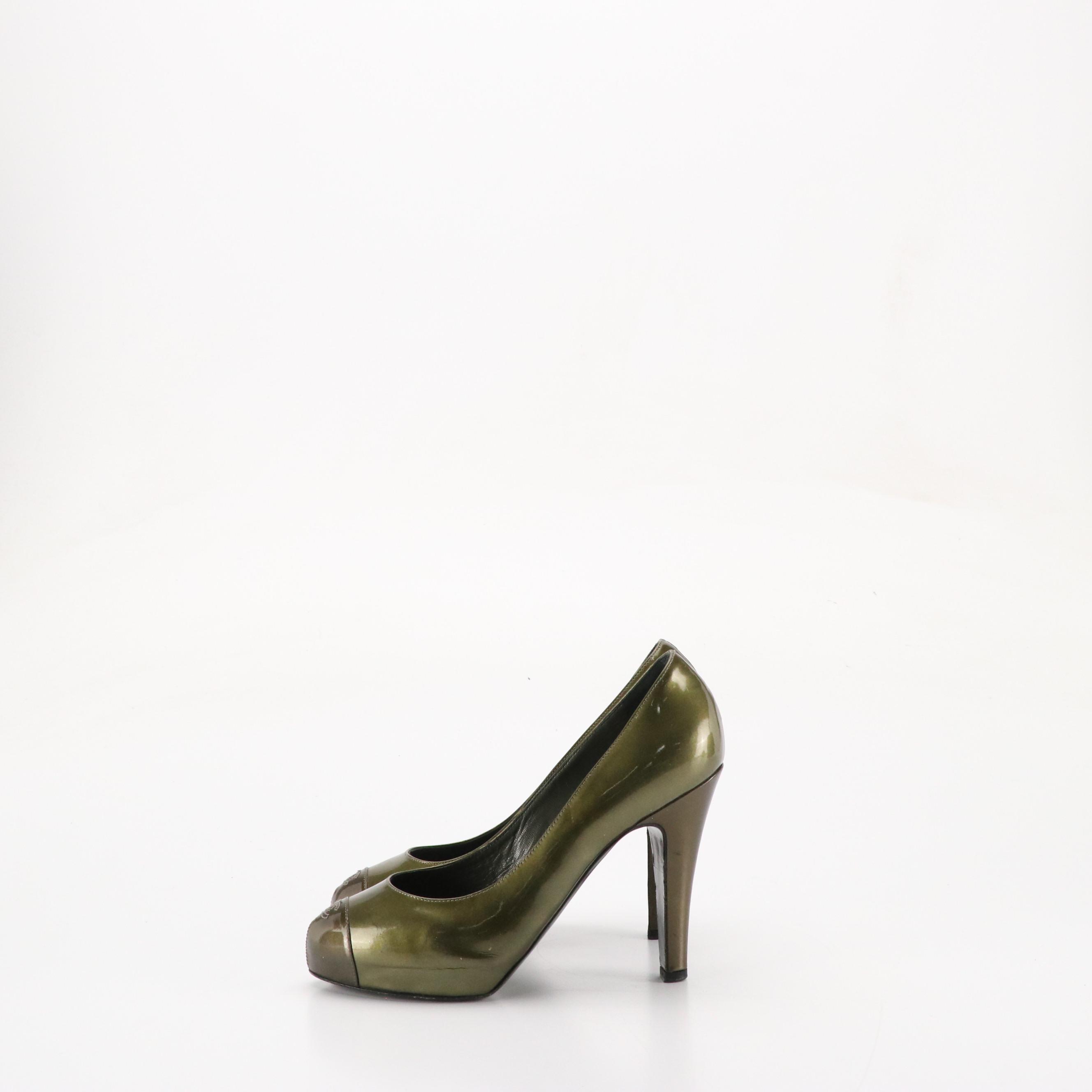 Chanel CC-Stitched Cap Toe Pumps in Olive Green Patent Leather