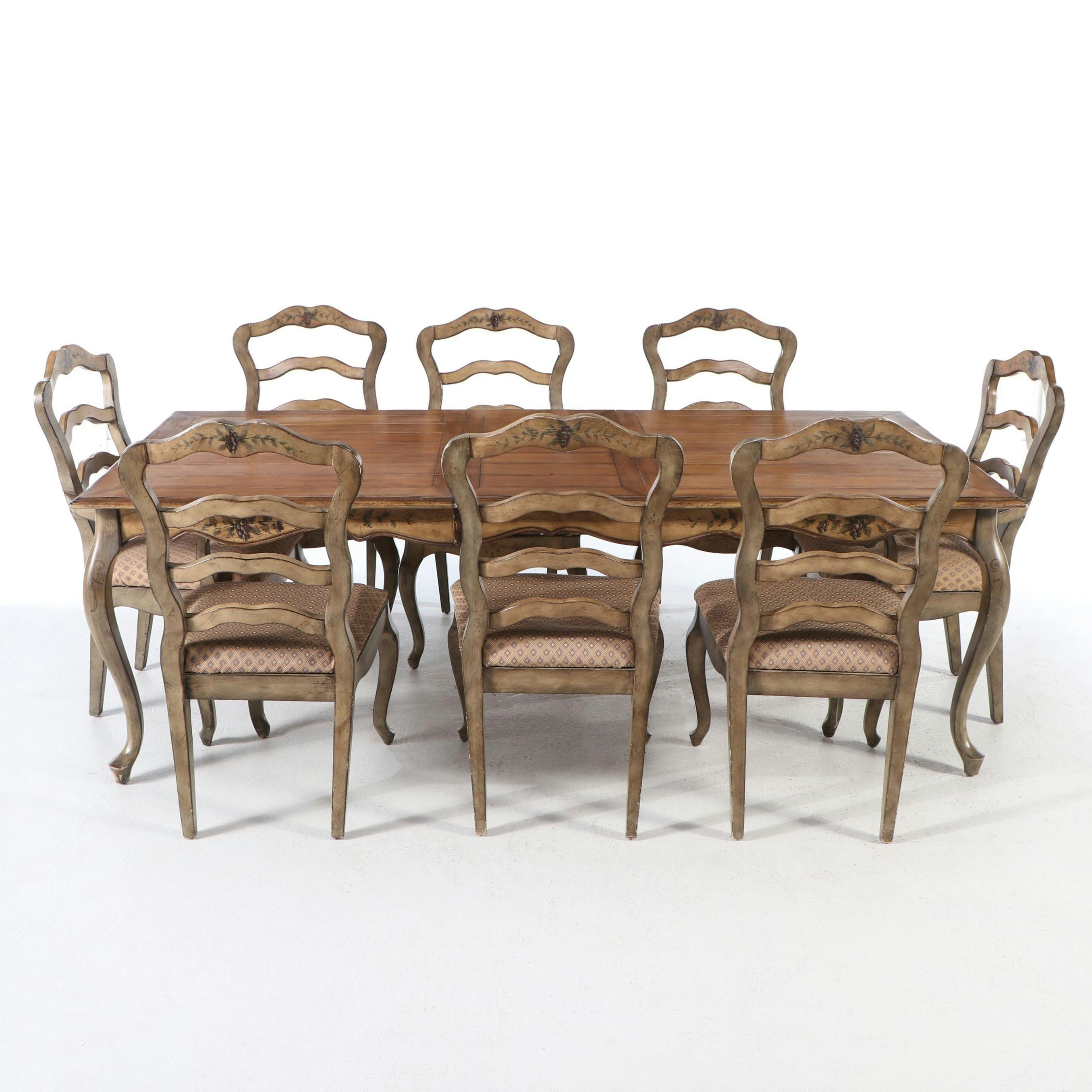 French Provincial Dining Table and Eight Ladder-Back Chairs