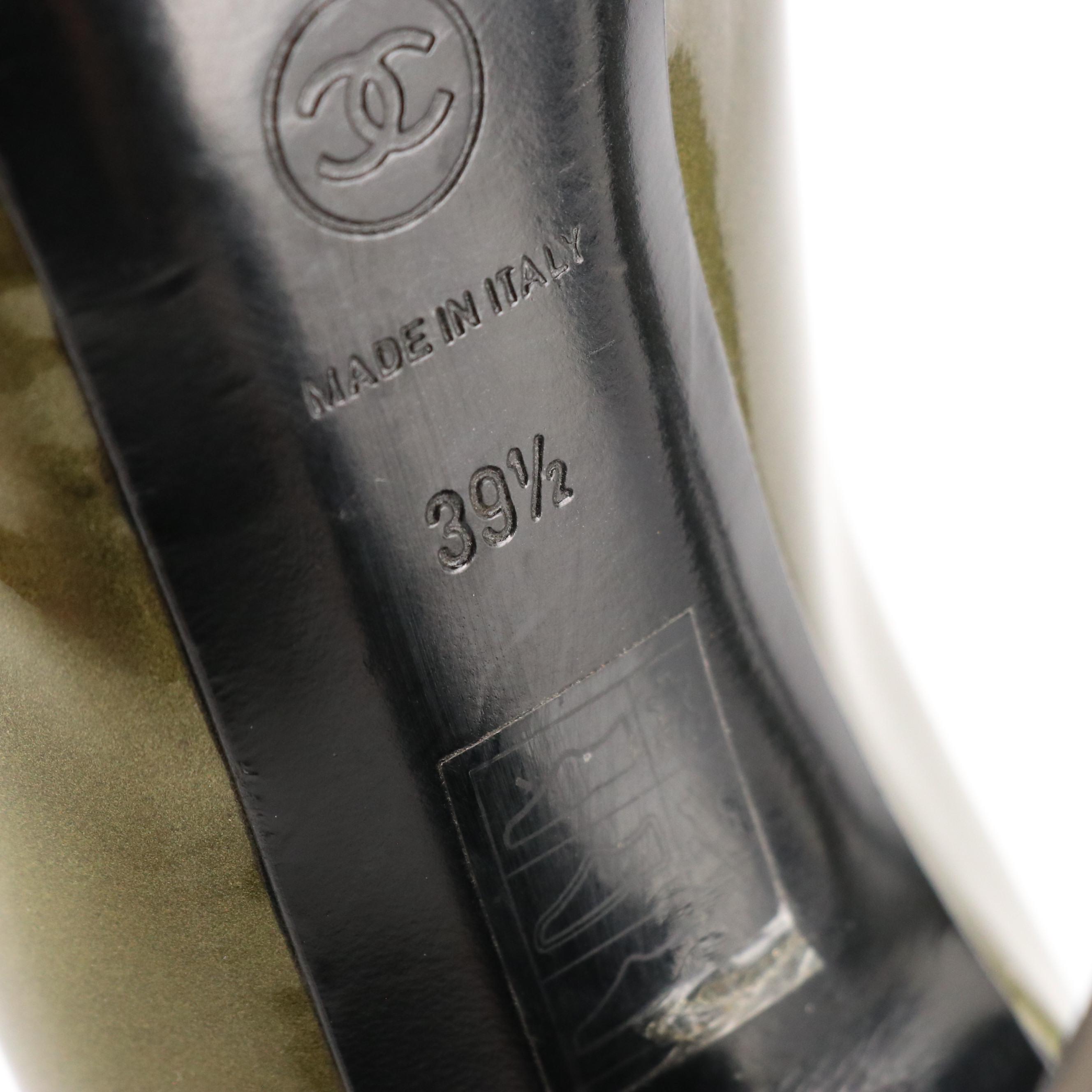 Chanel CC-Stitched Cap Toe Pumps in Olive Green Patent Leather