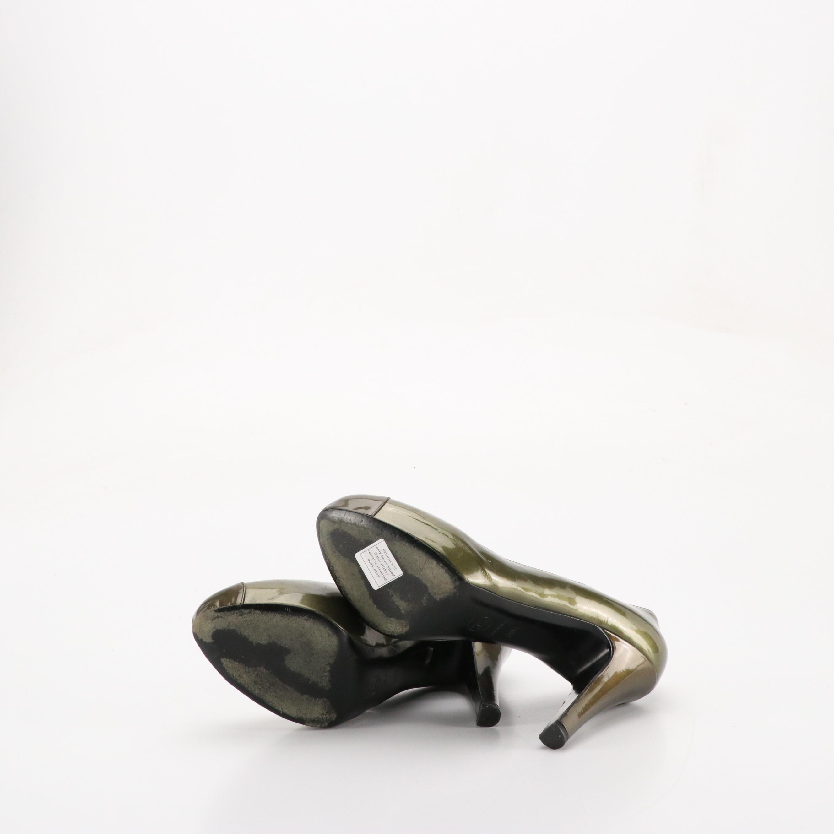 Chanel CC-Stitched Cap Toe Pumps in Olive Green Patent Leather