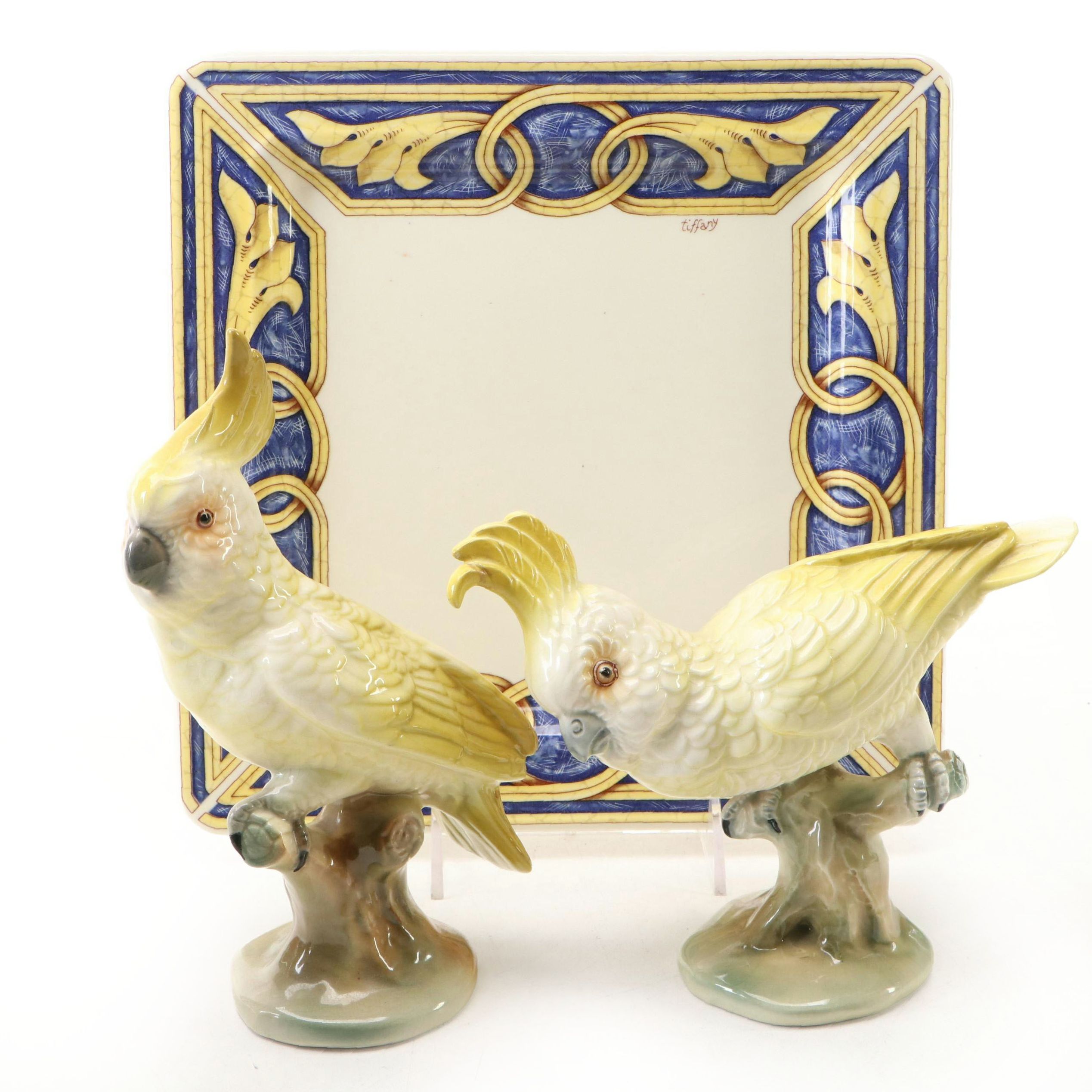 Pair of Brad Keeler Ceramic Cockatoos with Tiffany Boutique Italian Plate