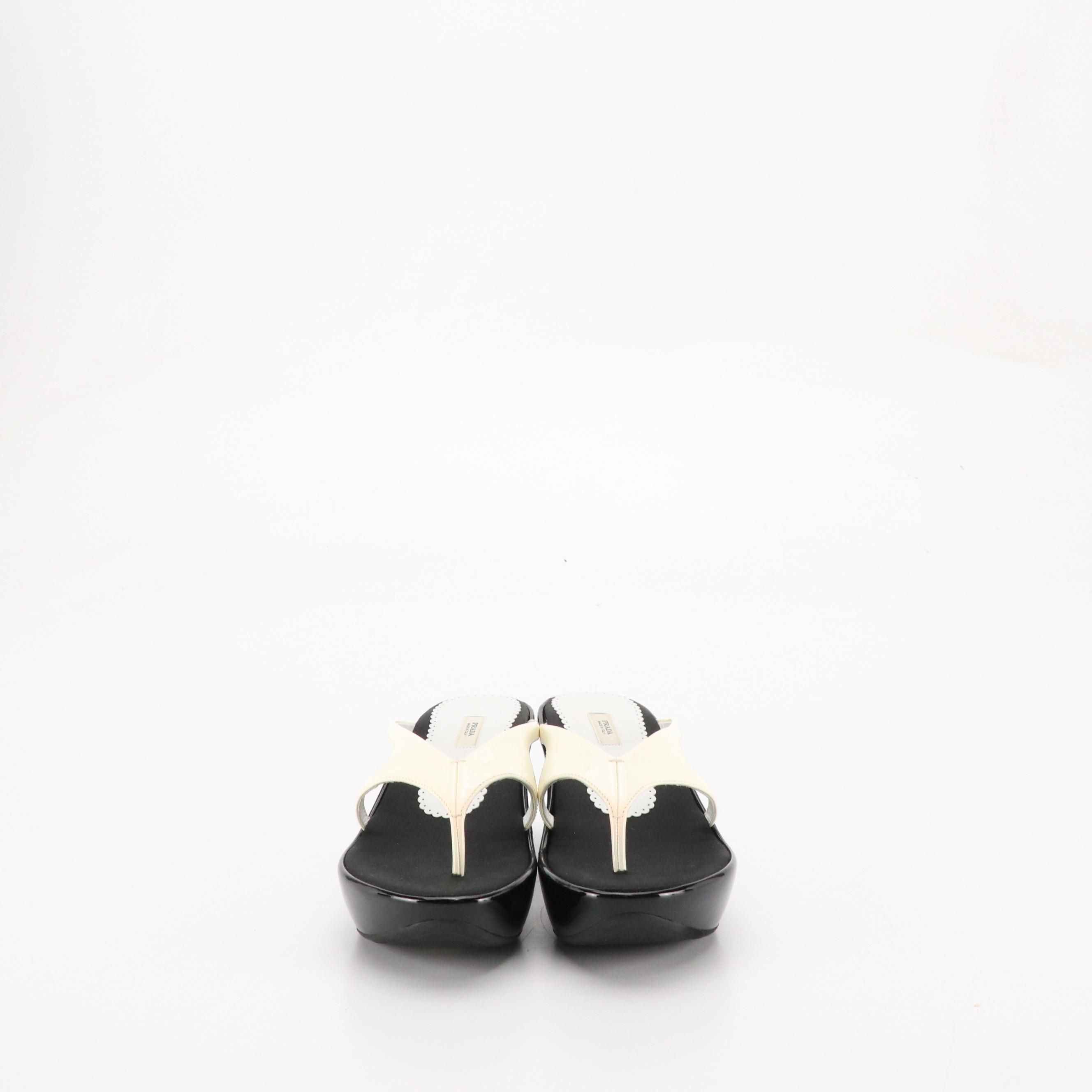 Prada Black & White Patent Leather Wedge Sandals in Box
