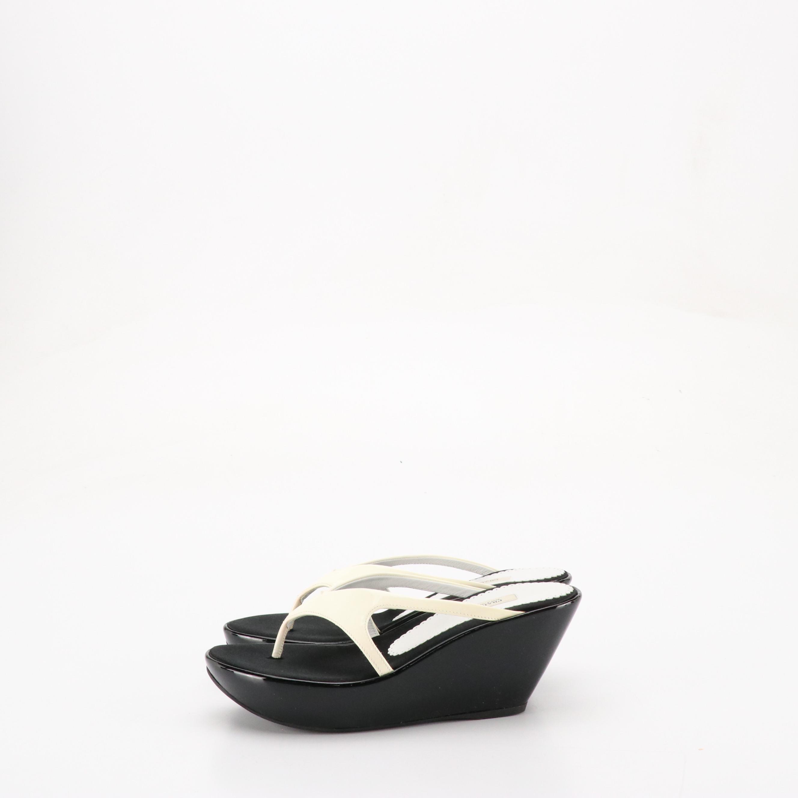 Prada Black & White Patent Leather Wedge Sandals in Box
