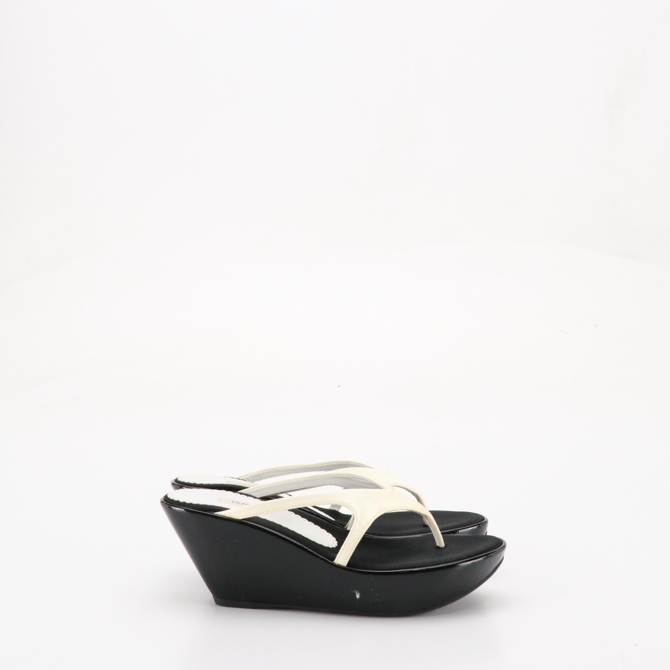 Prada Black & White Patent Leather Wedge Sandals in Box