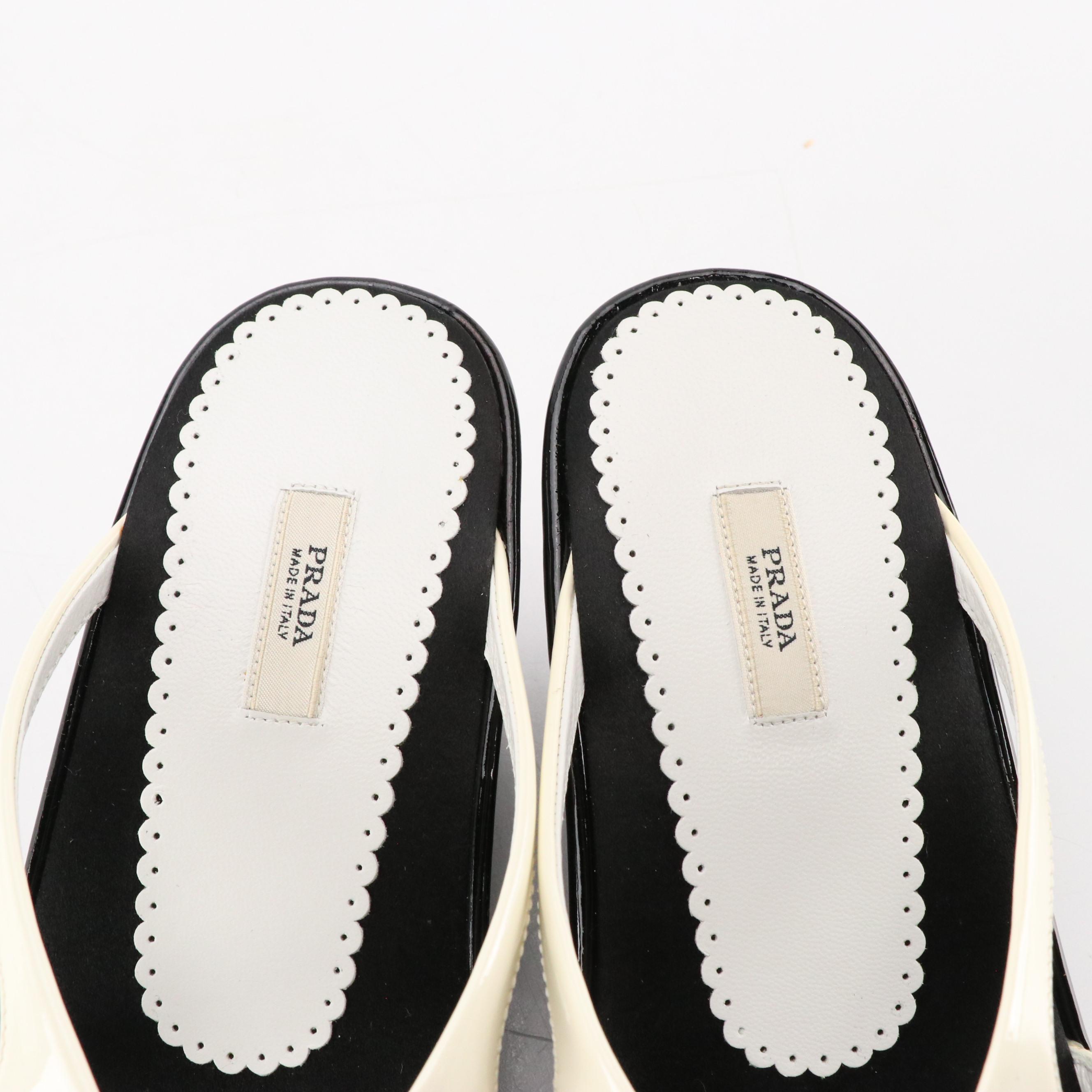 Prada Black & White Patent Leather Wedge Sandals in Box