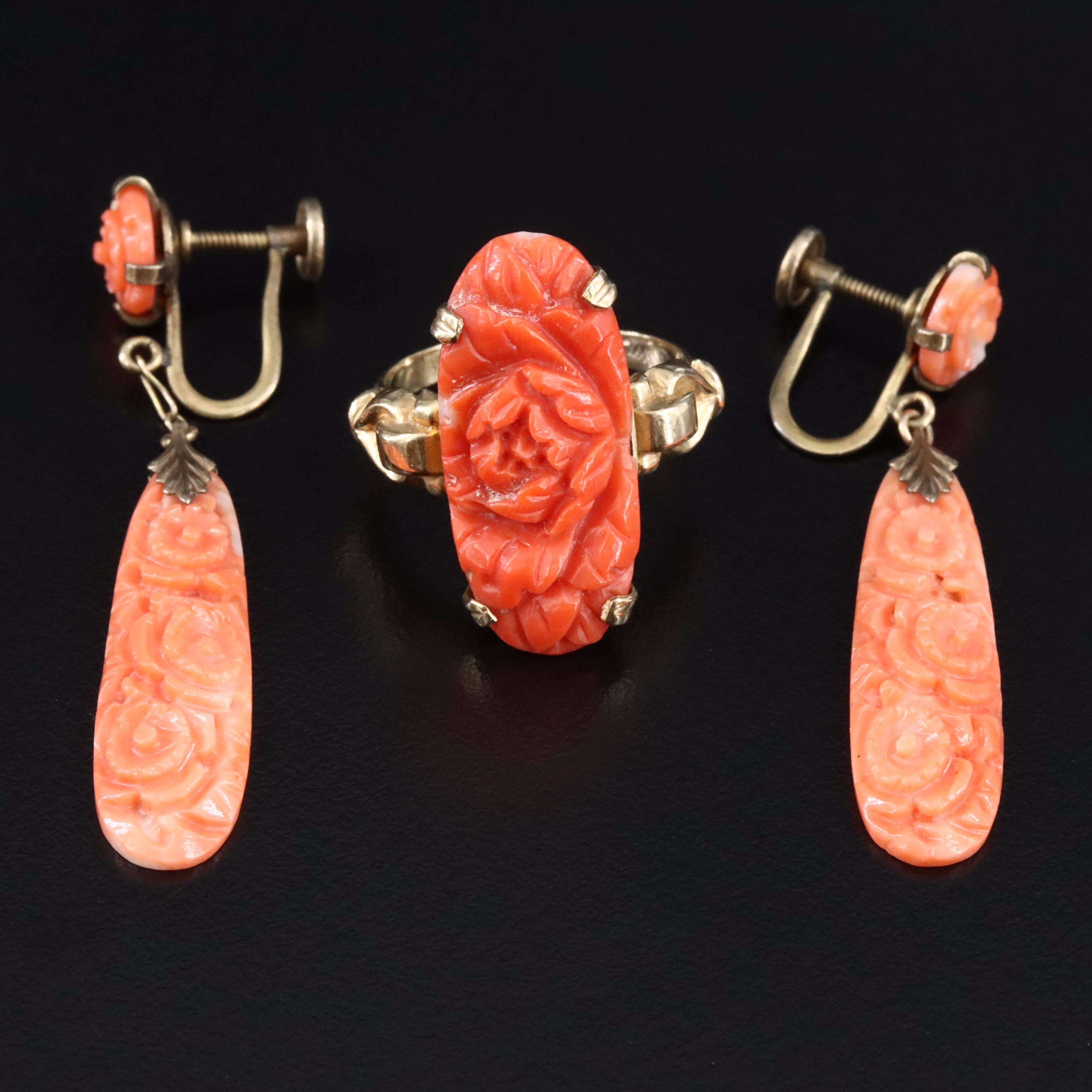 Antique 10K Carved Coral Floral Earrings and Ring