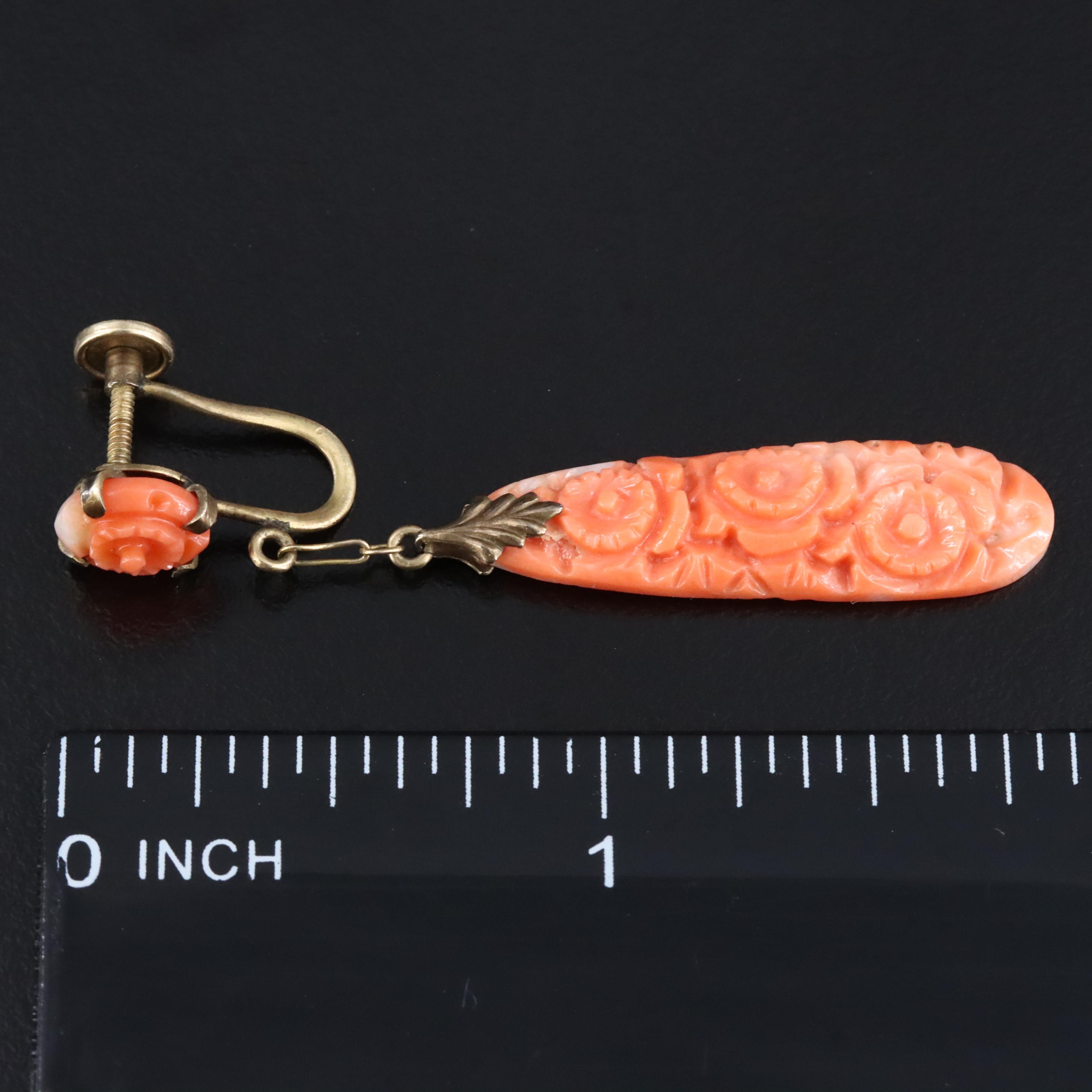 Antique 10K Carved Coral Floral Earrings and Ring