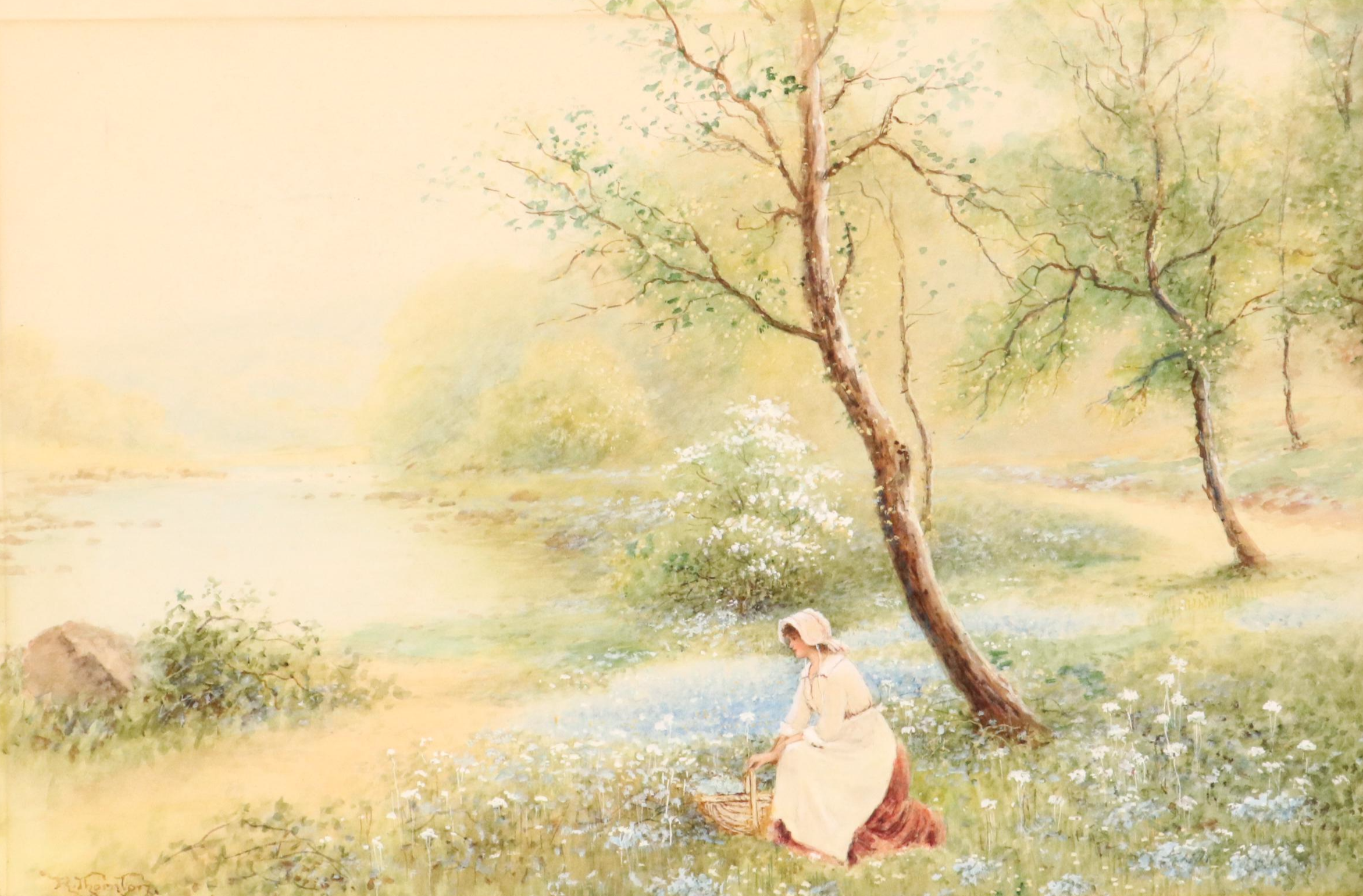 R. Thornton Watercolor Painting of Bucolic Spring Landscape, Early 20th Century