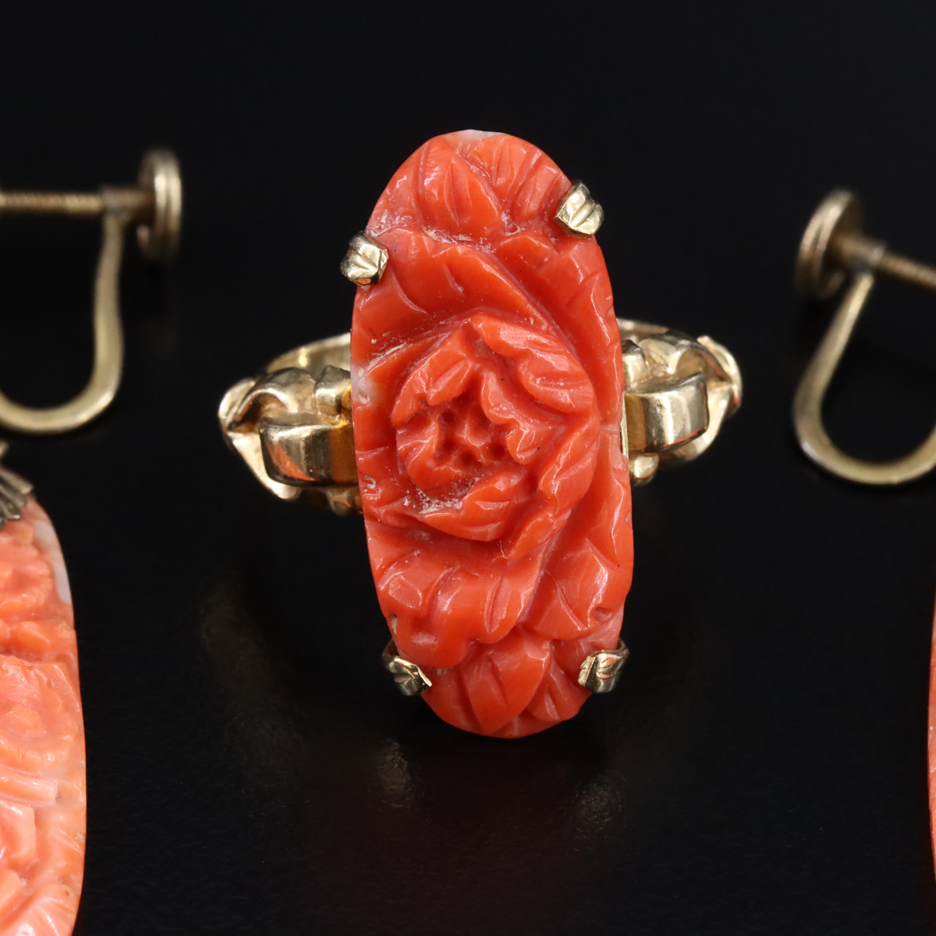 Antique 10K Carved Coral Floral Earrings and Ring