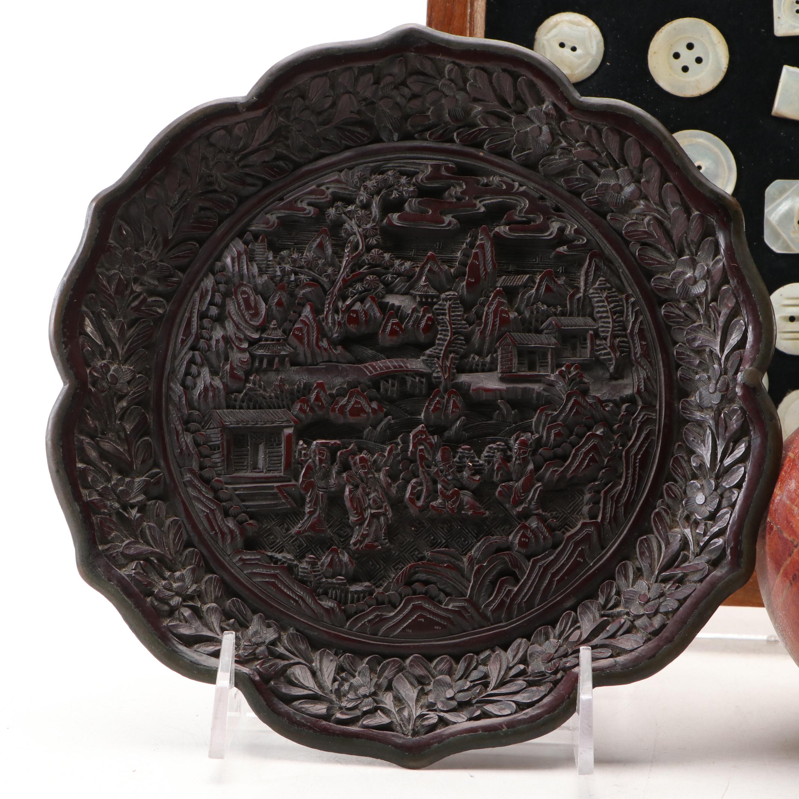 Figural Folk Art Gourd with Chinese Carved Lacquer Dish and Framed MOP Buttons