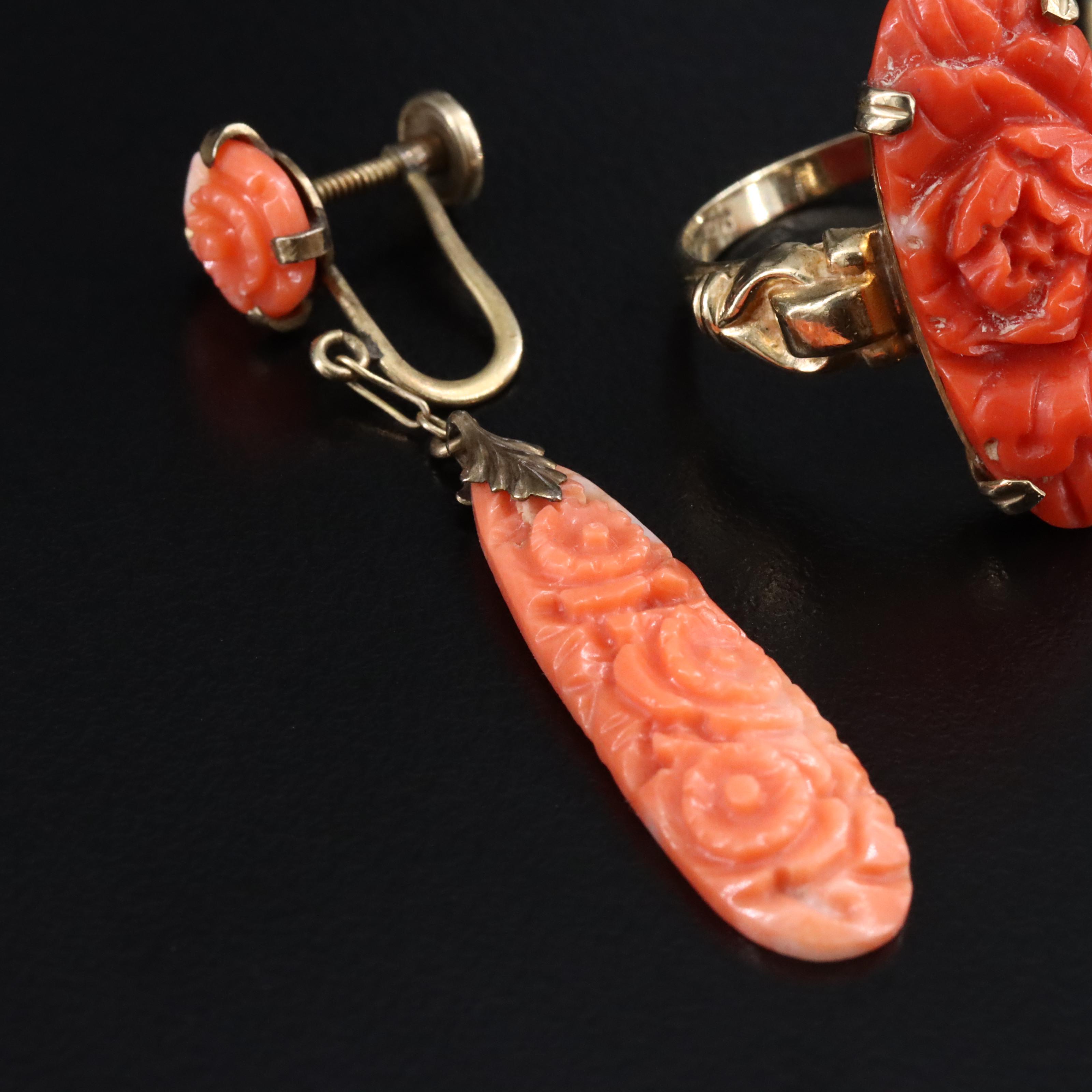 Antique 10K Carved Coral Floral Earrings and Ring