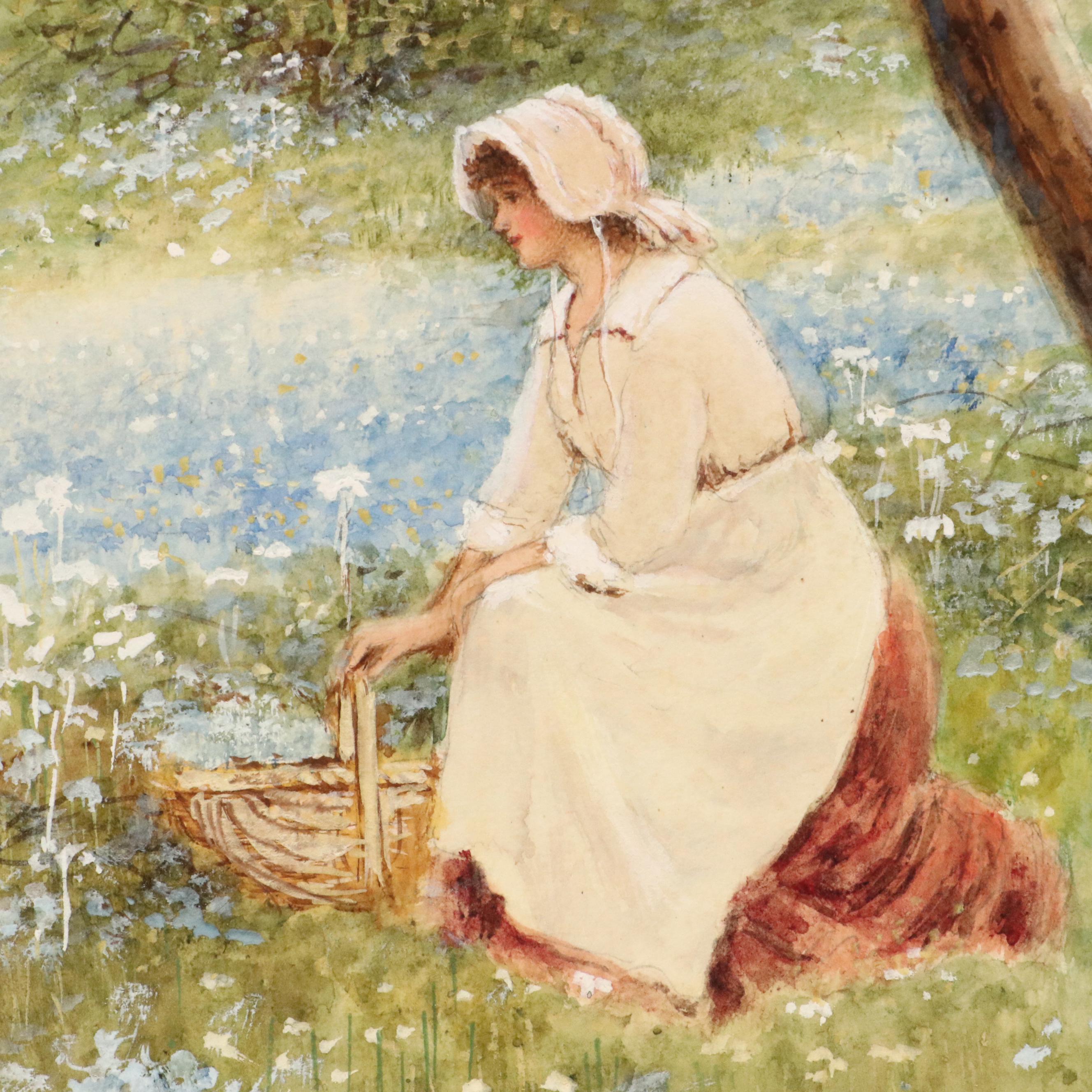 R. Thornton Watercolor Painting of Bucolic Spring Landscape, Early 20th Century