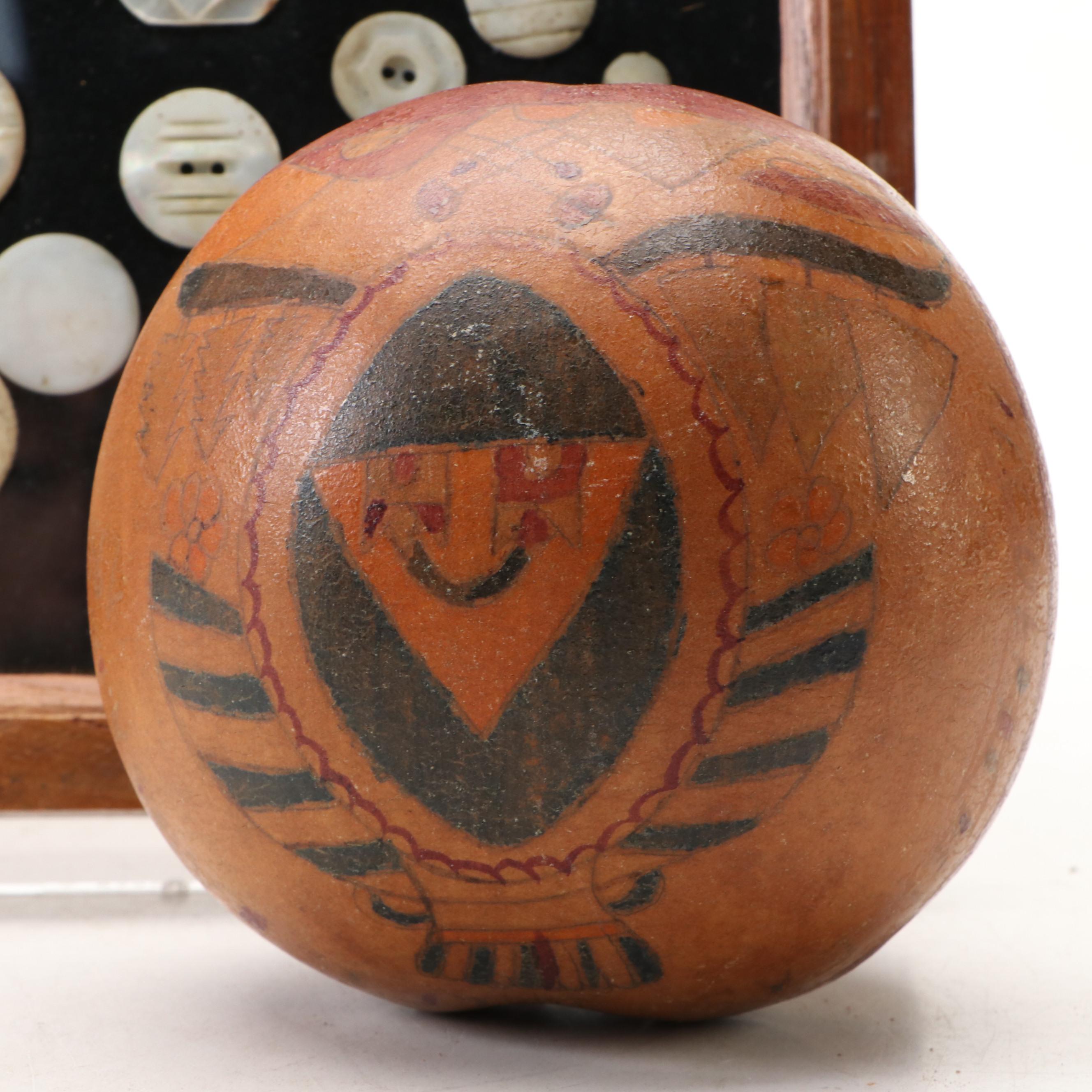 Figural Folk Art Gourd with Chinese Carved Lacquer Dish and Framed MOP Buttons