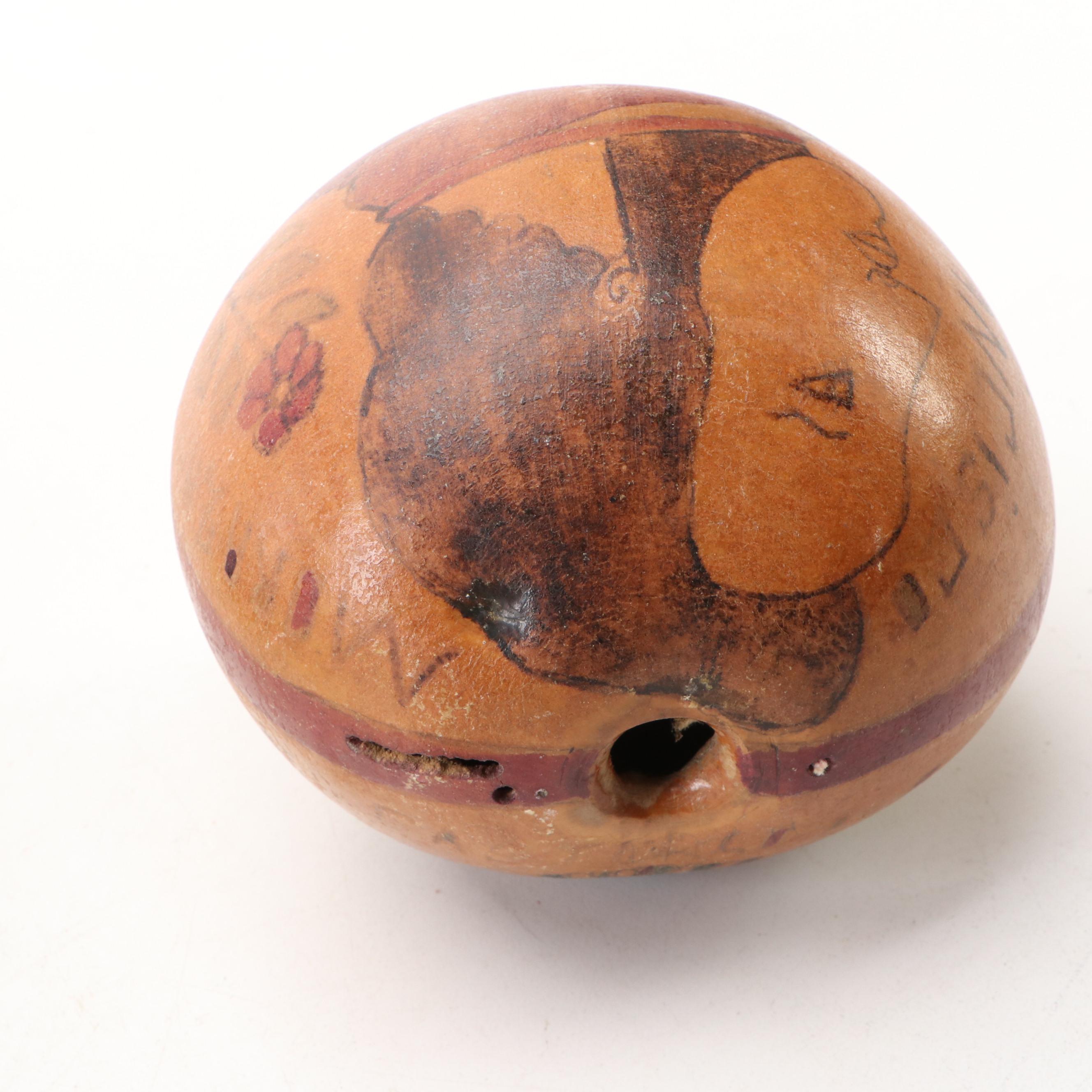 Figural Folk Art Gourd with Chinese Carved Lacquer Dish and Framed MOP Buttons