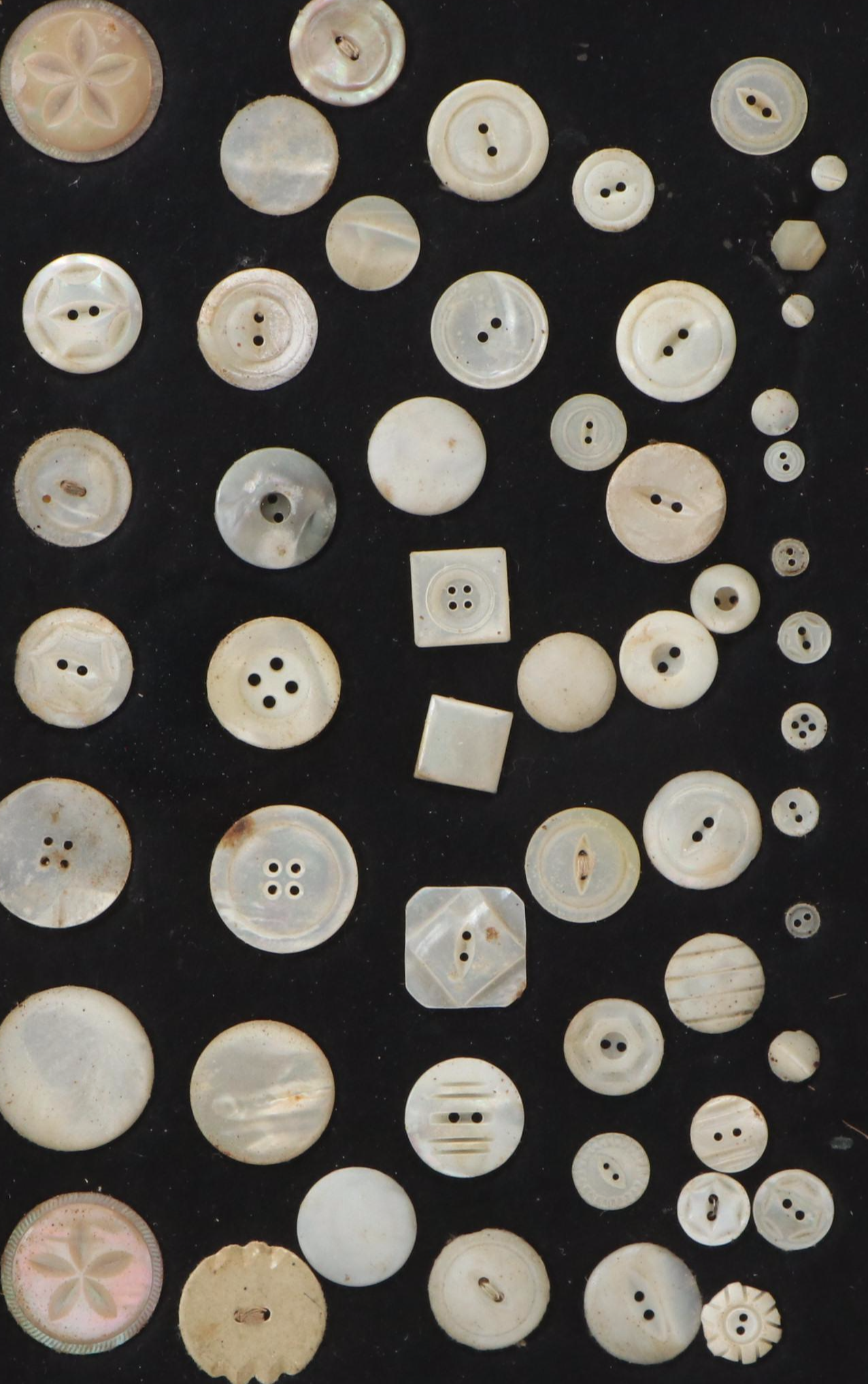 Figural Folk Art Gourd with Chinese Carved Lacquer Dish and Framed MOP Buttons